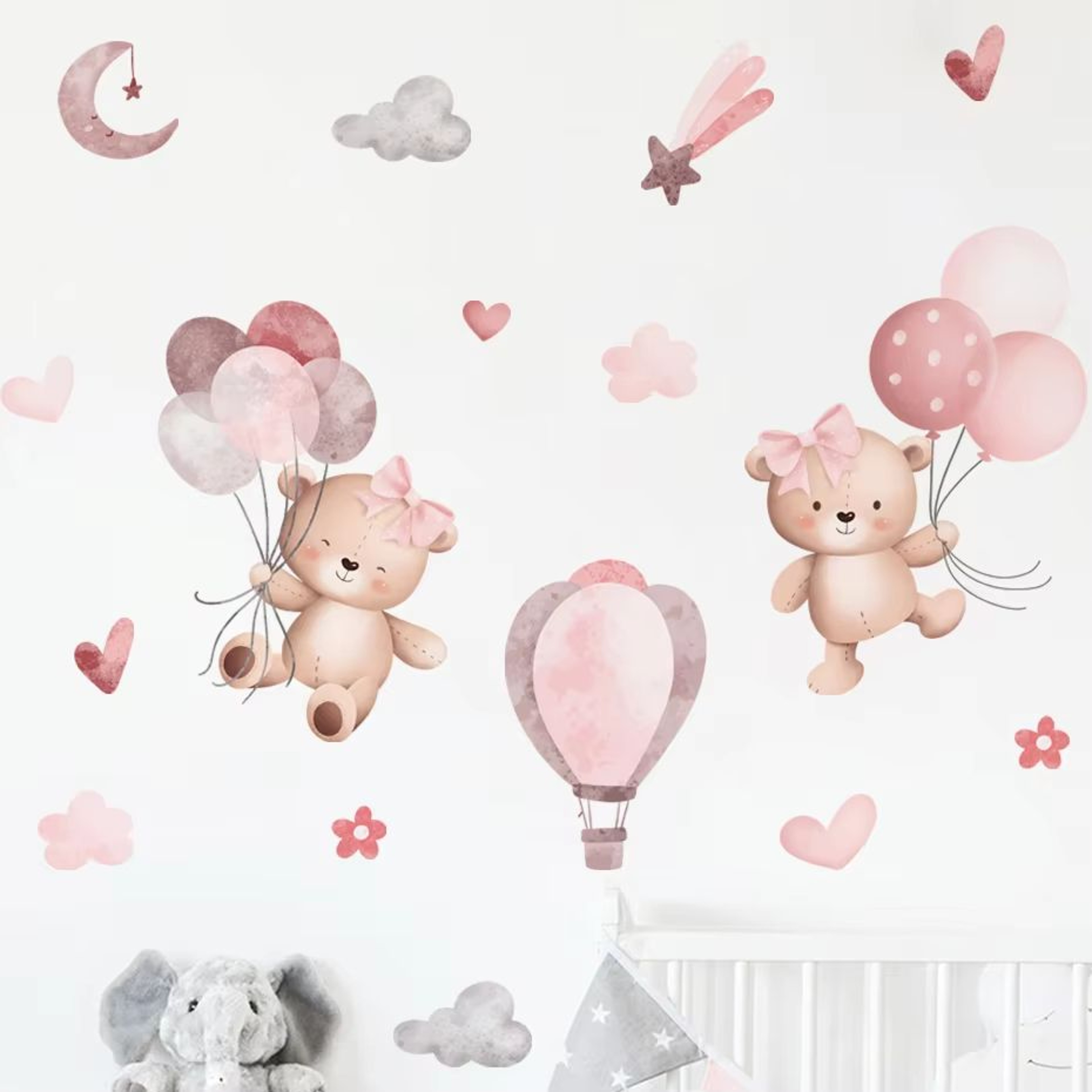 Pink Cartoon Bear Balloon Wall Stickers For Kids Nursery Room Decor 0