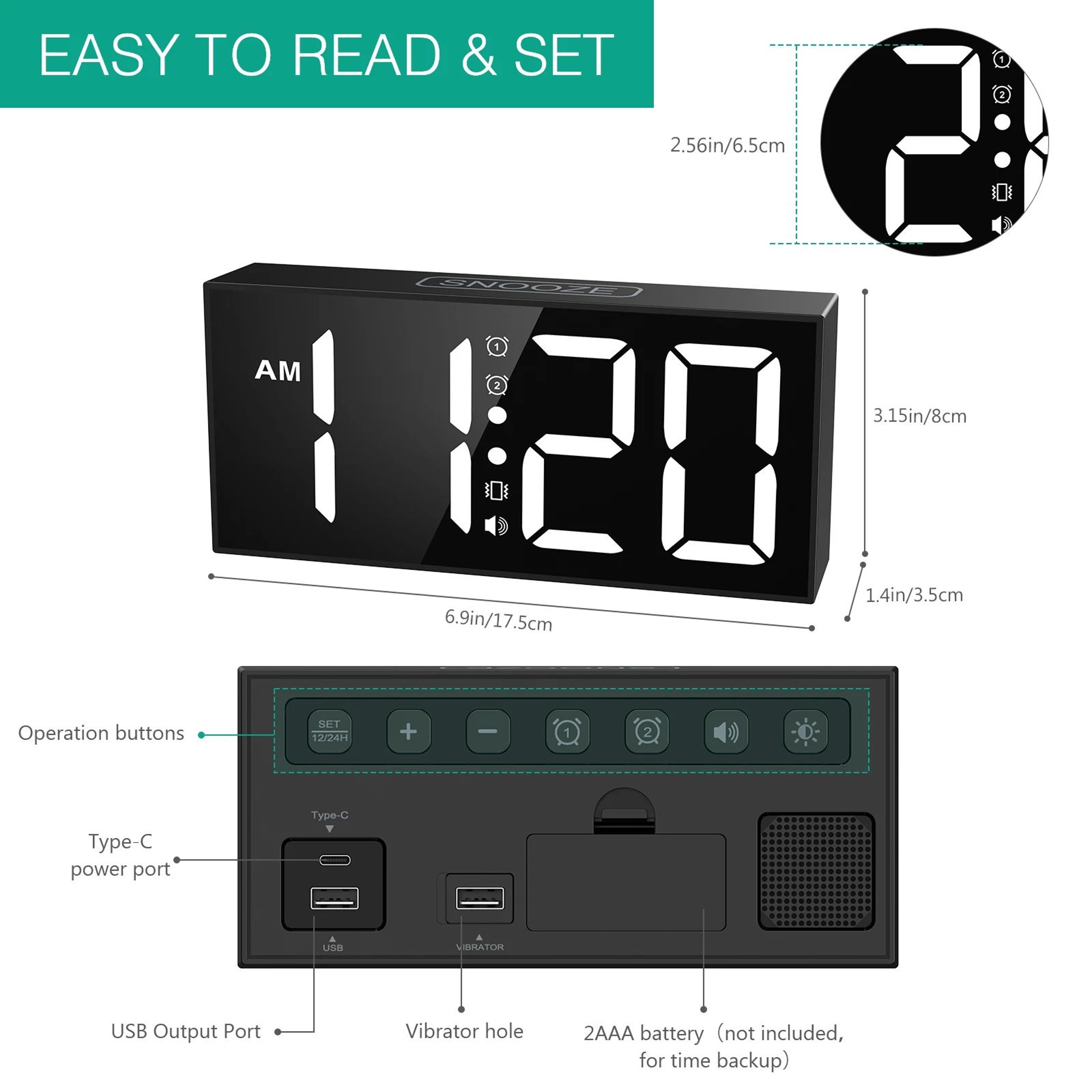 ORIA Heavy Sleeper Vibrating Alarm Clock With Bed Shaker And Large LED Display 3