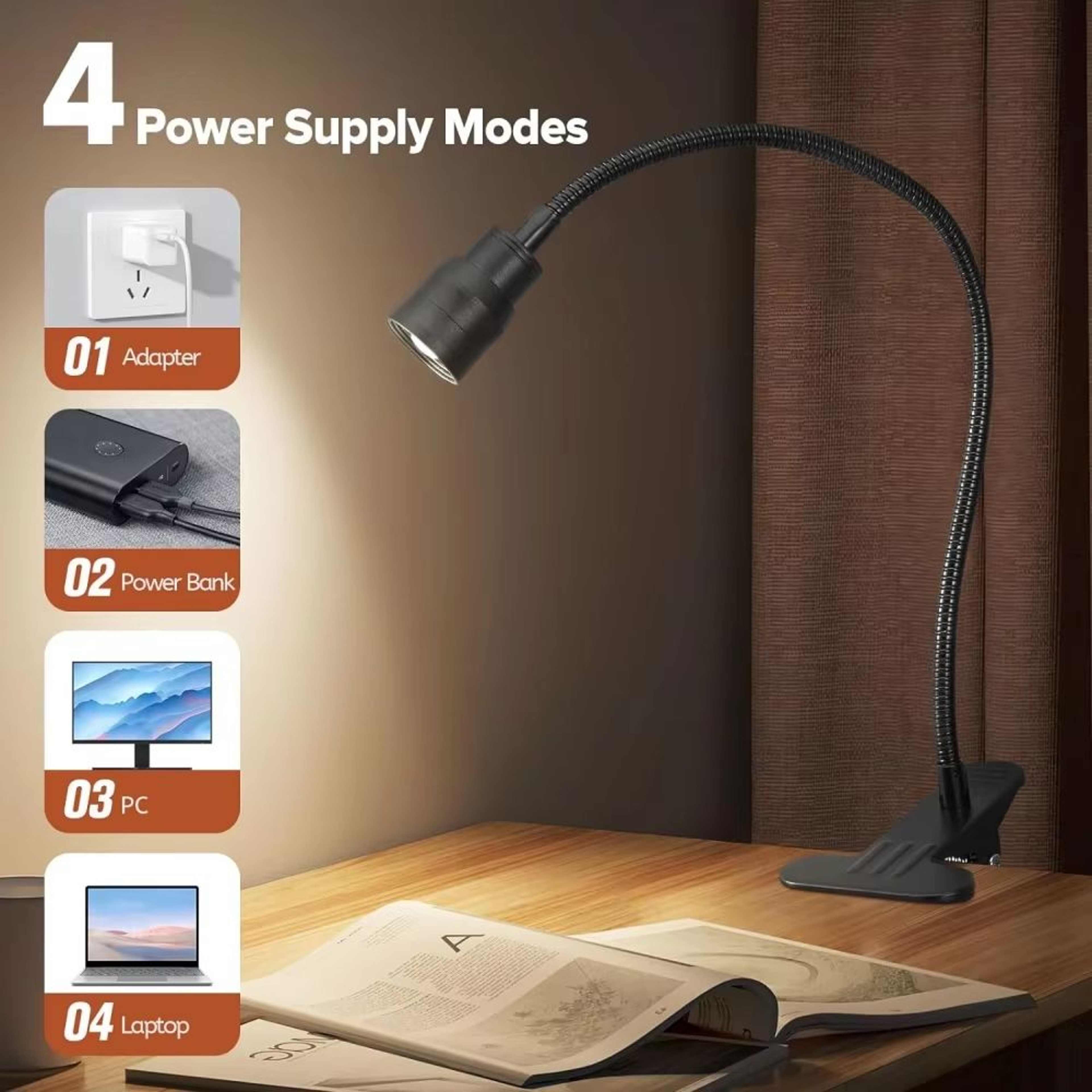 Zoomable LED Clip Reading Light USB Gooseneck Adjustable Book Lamp 3