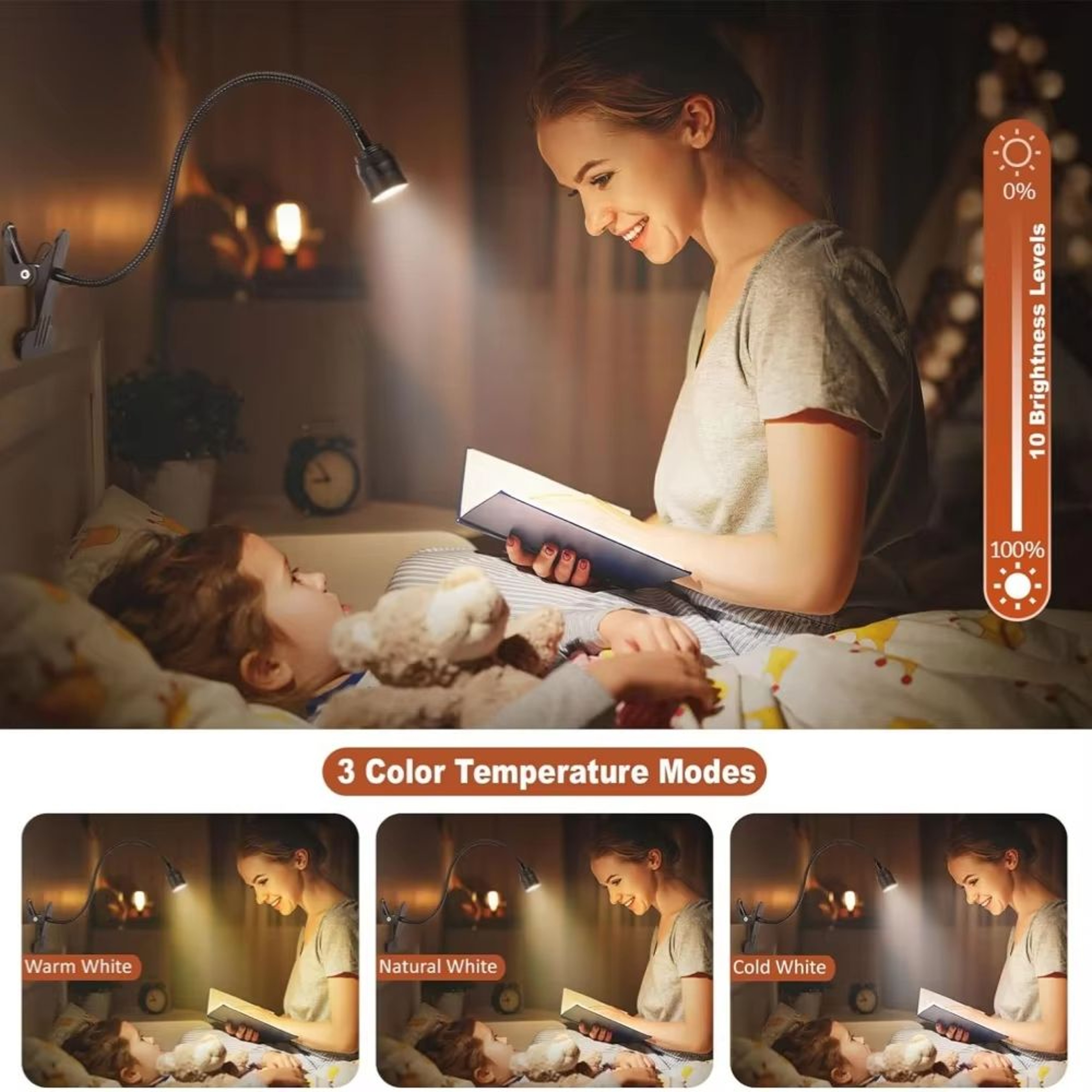 Zoomable LED Clip Reading Light USB Gooseneck Adjustable Book Lamp 4