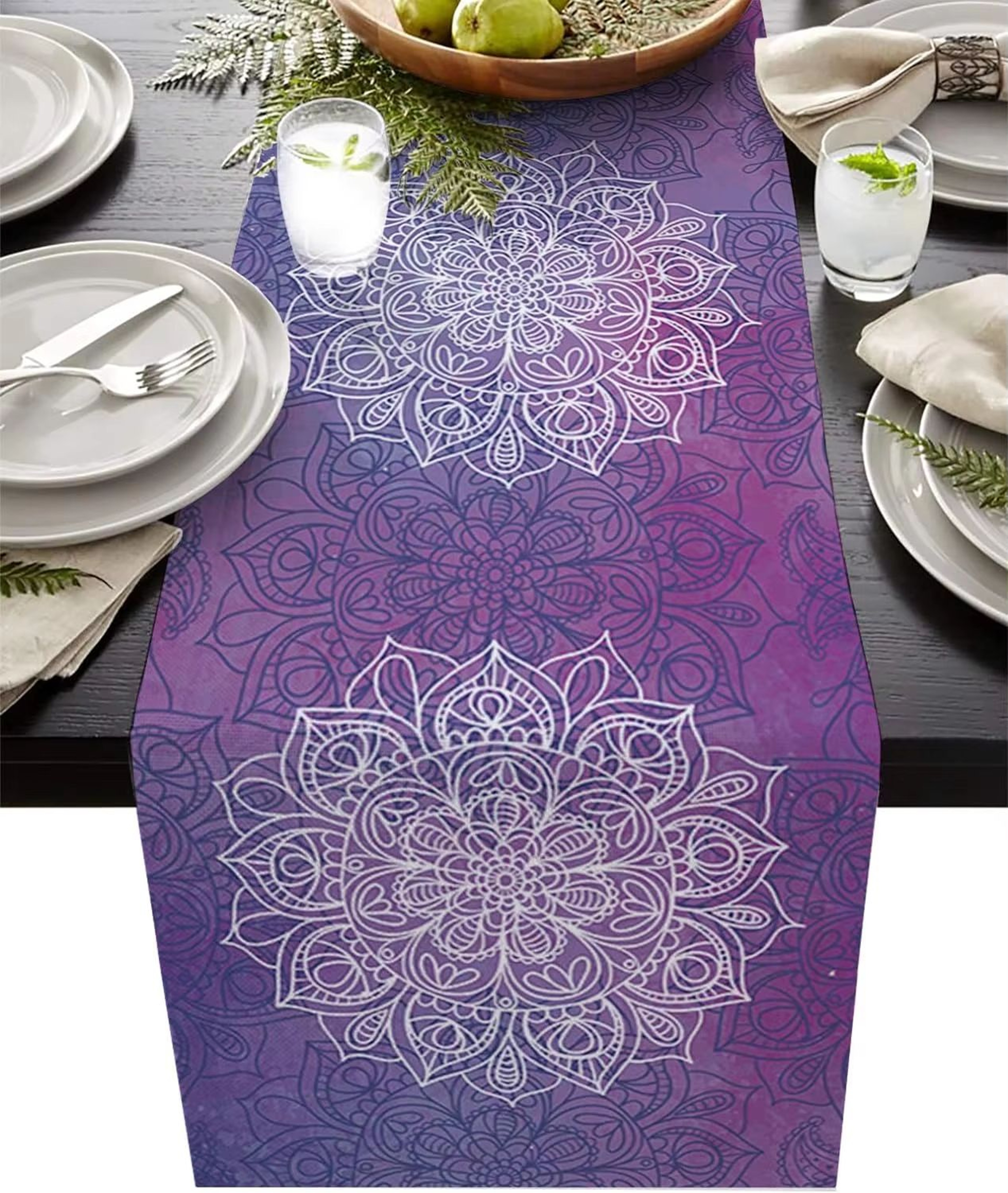Bohemian Mandala Linen Table Runner Rustic Farmhouse Dining Decor 0