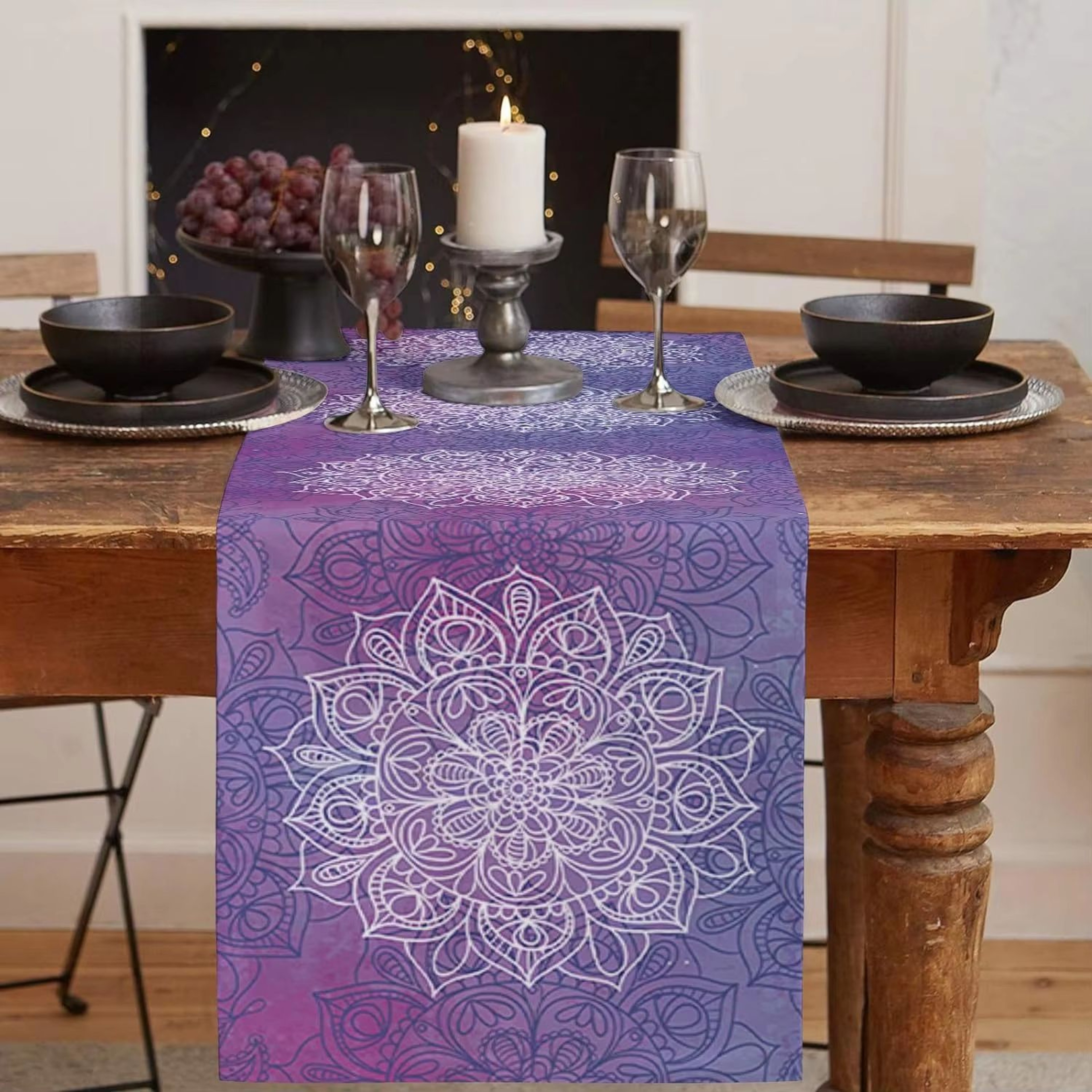 Bohemian Mandala Linen Table Runner Rustic Farmhouse Dining Decor 1