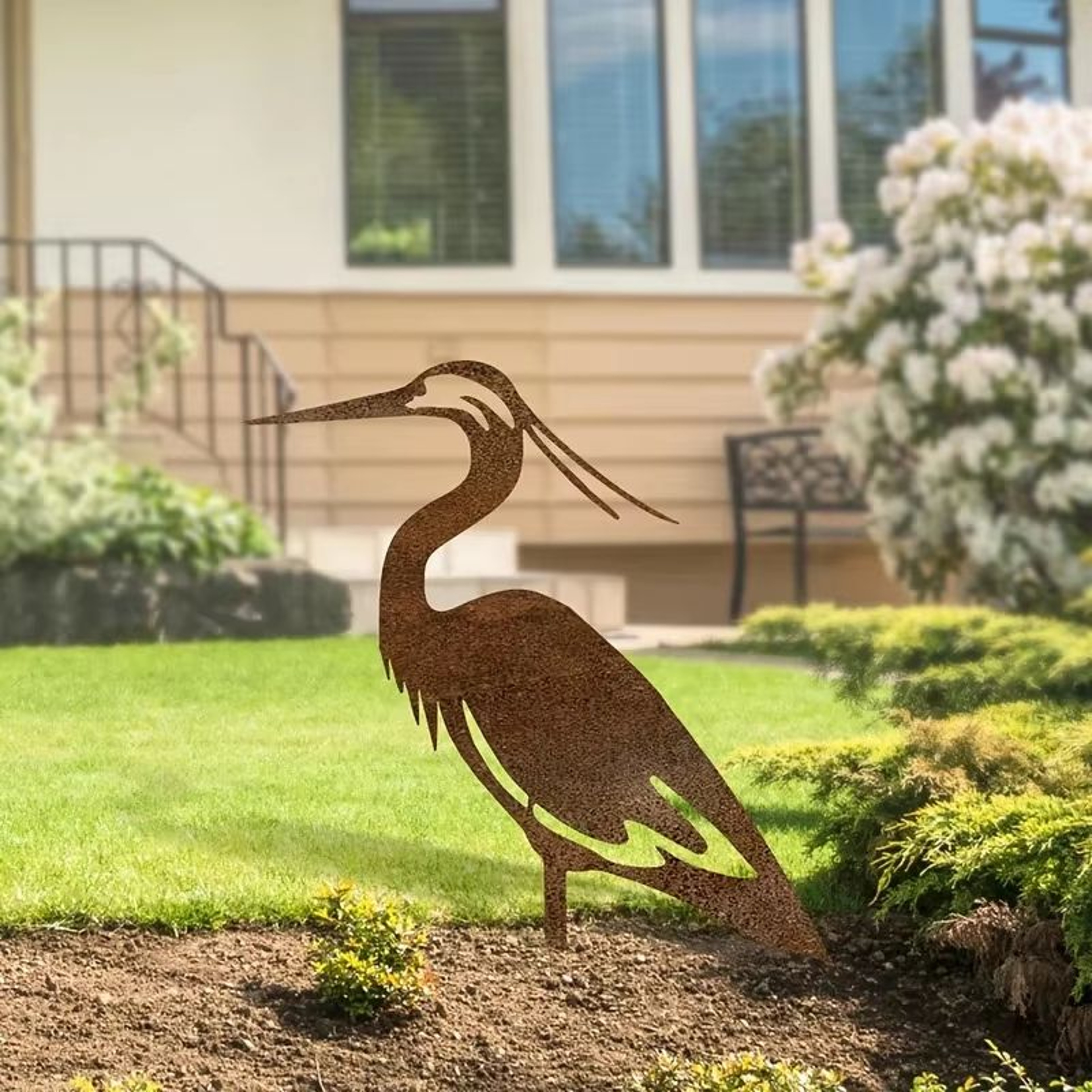Rustic Metal Crane Garden Statue Weathered Heron Outdoor Yard Sculpture 4