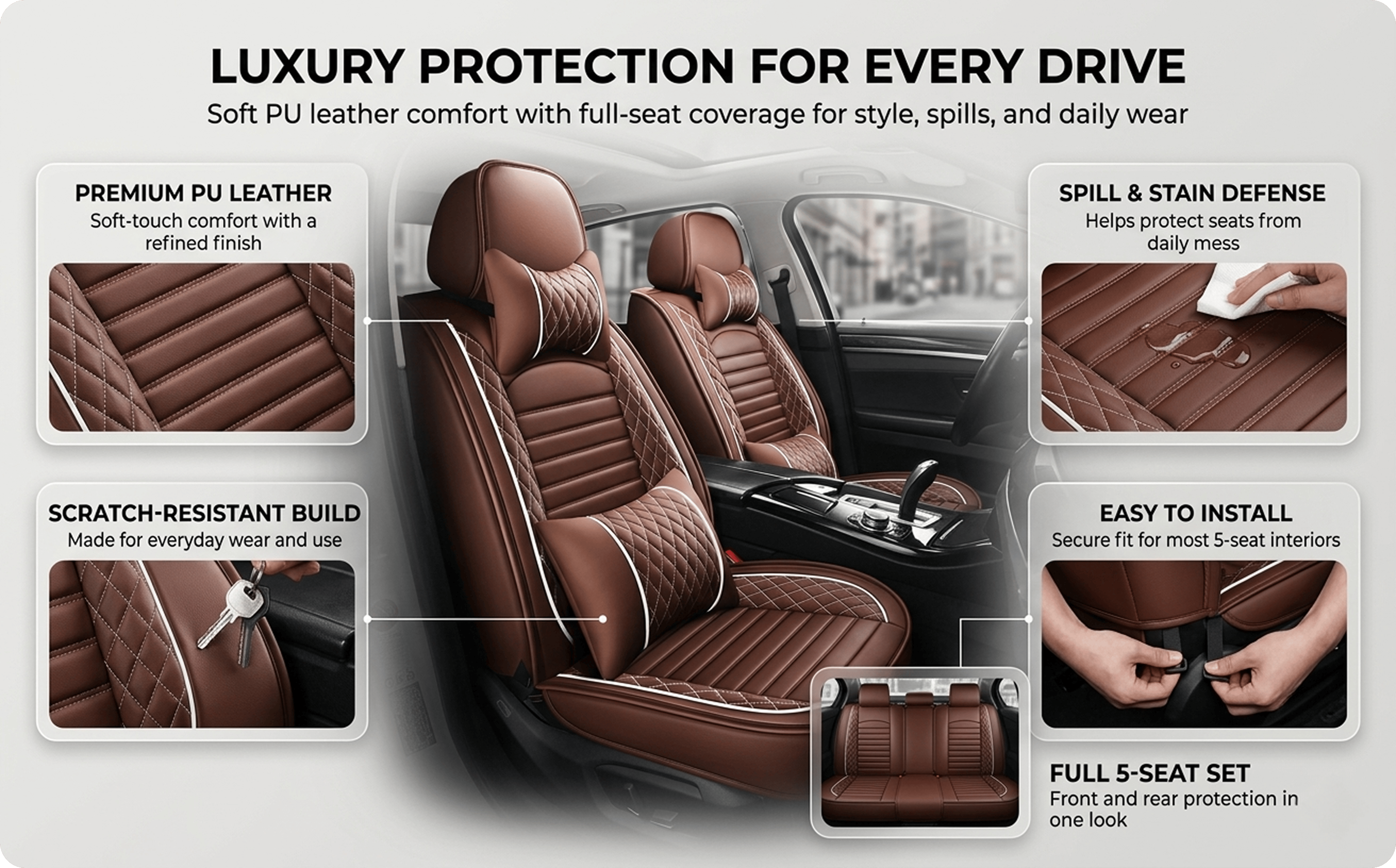 LuxRide PU Leather Car Seat Covers – Universal 5-Seat Full Set for Sedans and SUVs – view 3