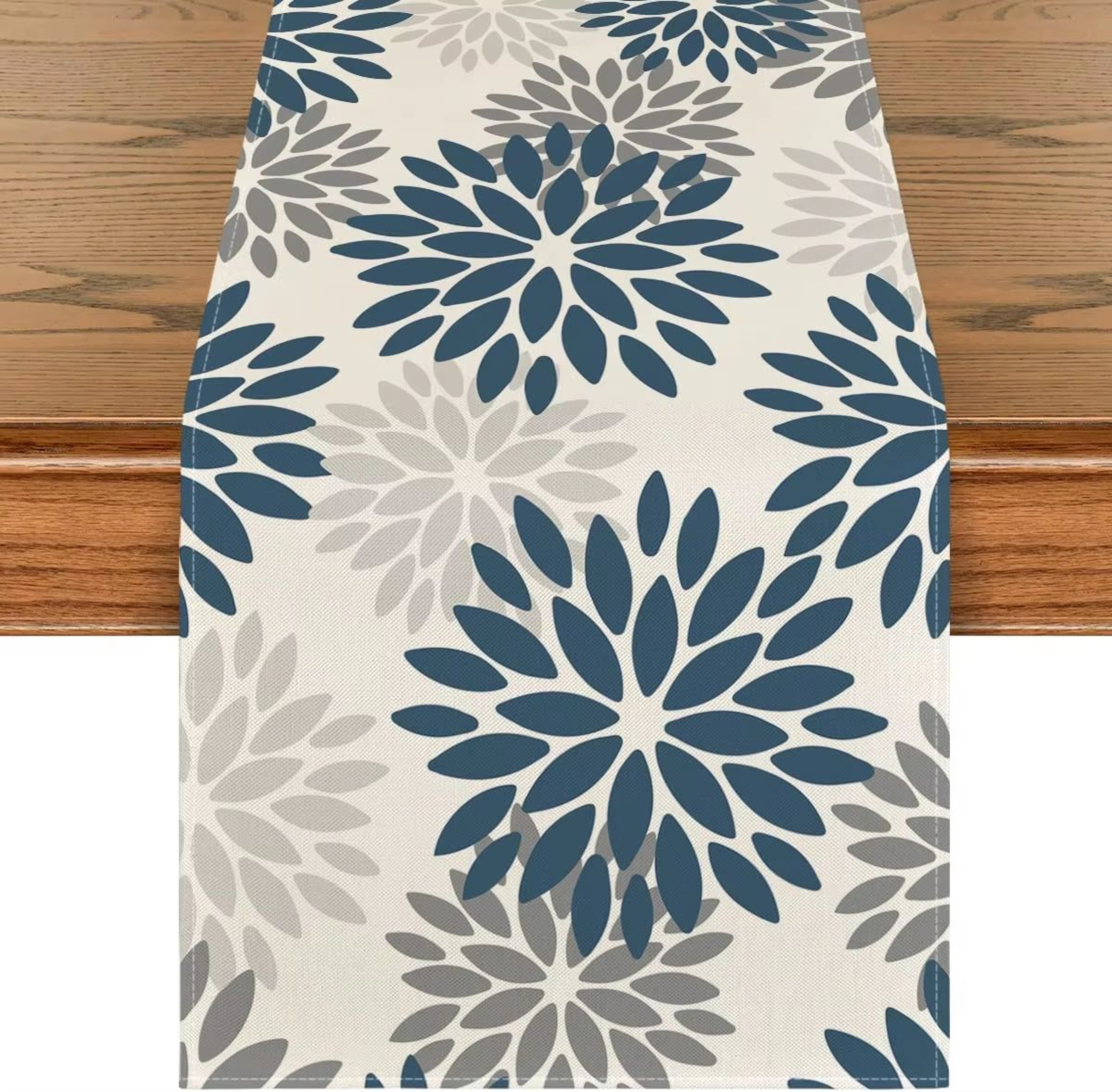 Blue Dahlia Floral Linen Table Runner Summer Spring Farmhouse Dining Decor 14