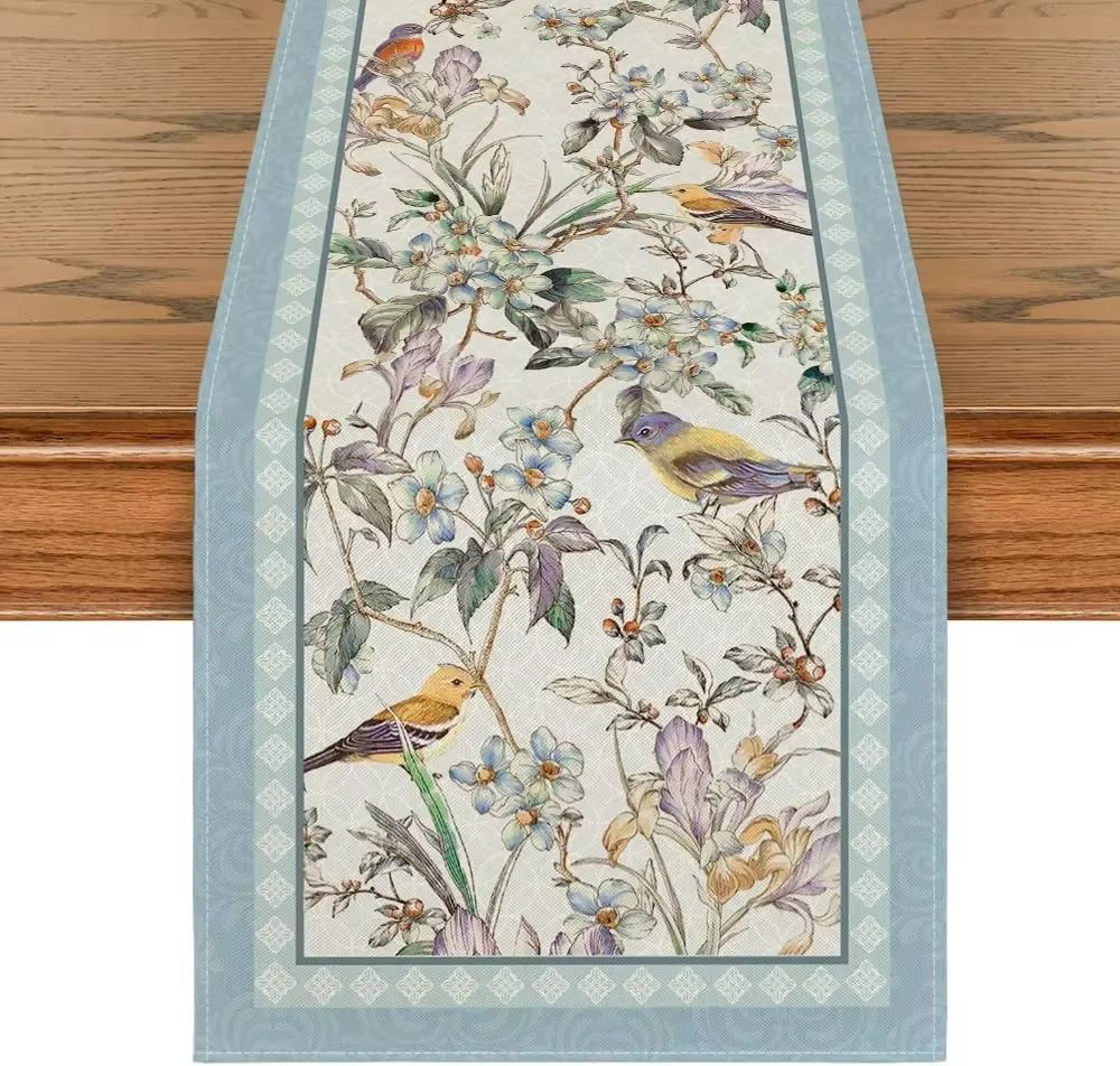 Blue Birds Floral Linen Table Runner Blossom Pattern Dining And Wedding Decor 0