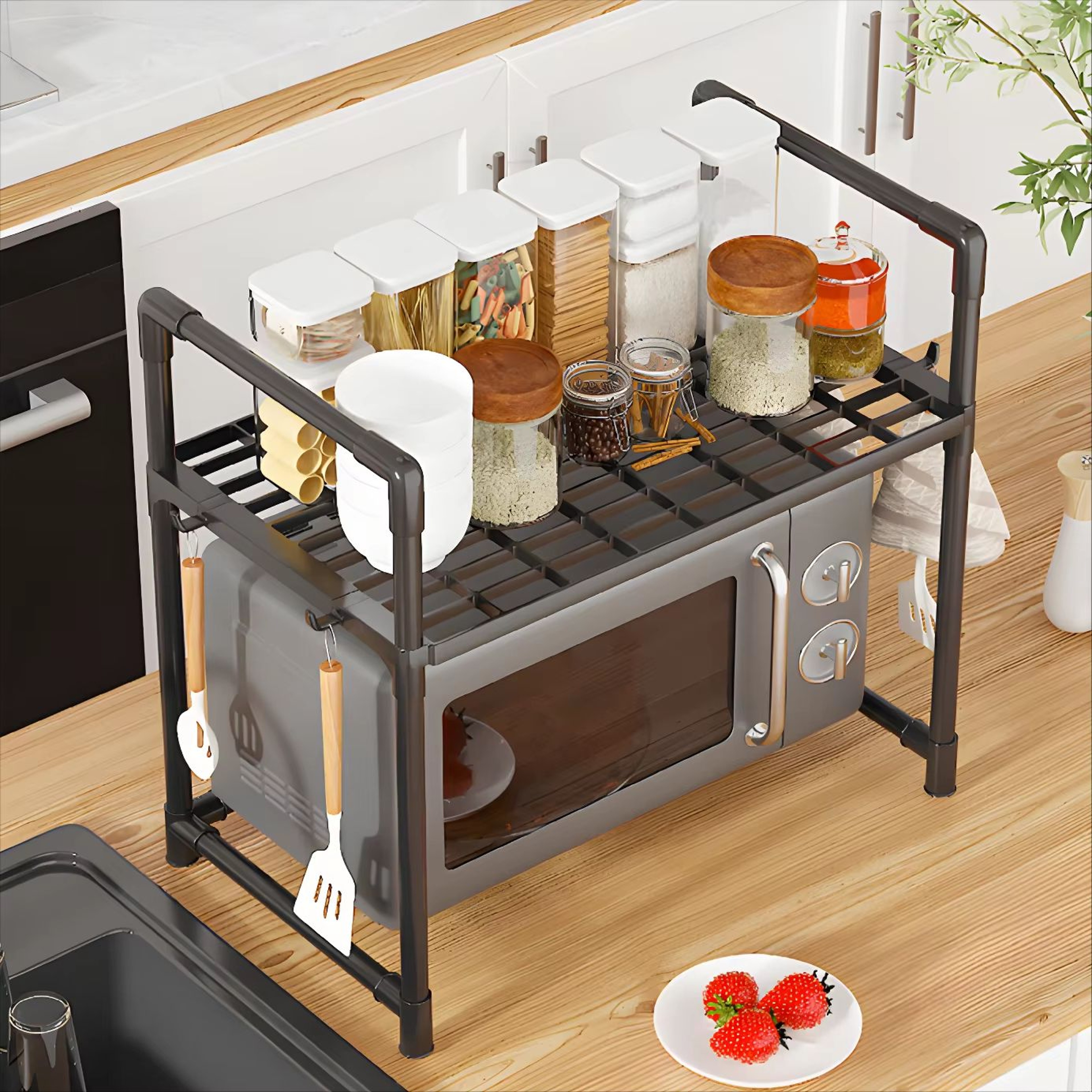 Compact Plastic Microwave Storage Rack Space Saving Countertop Organizer 4