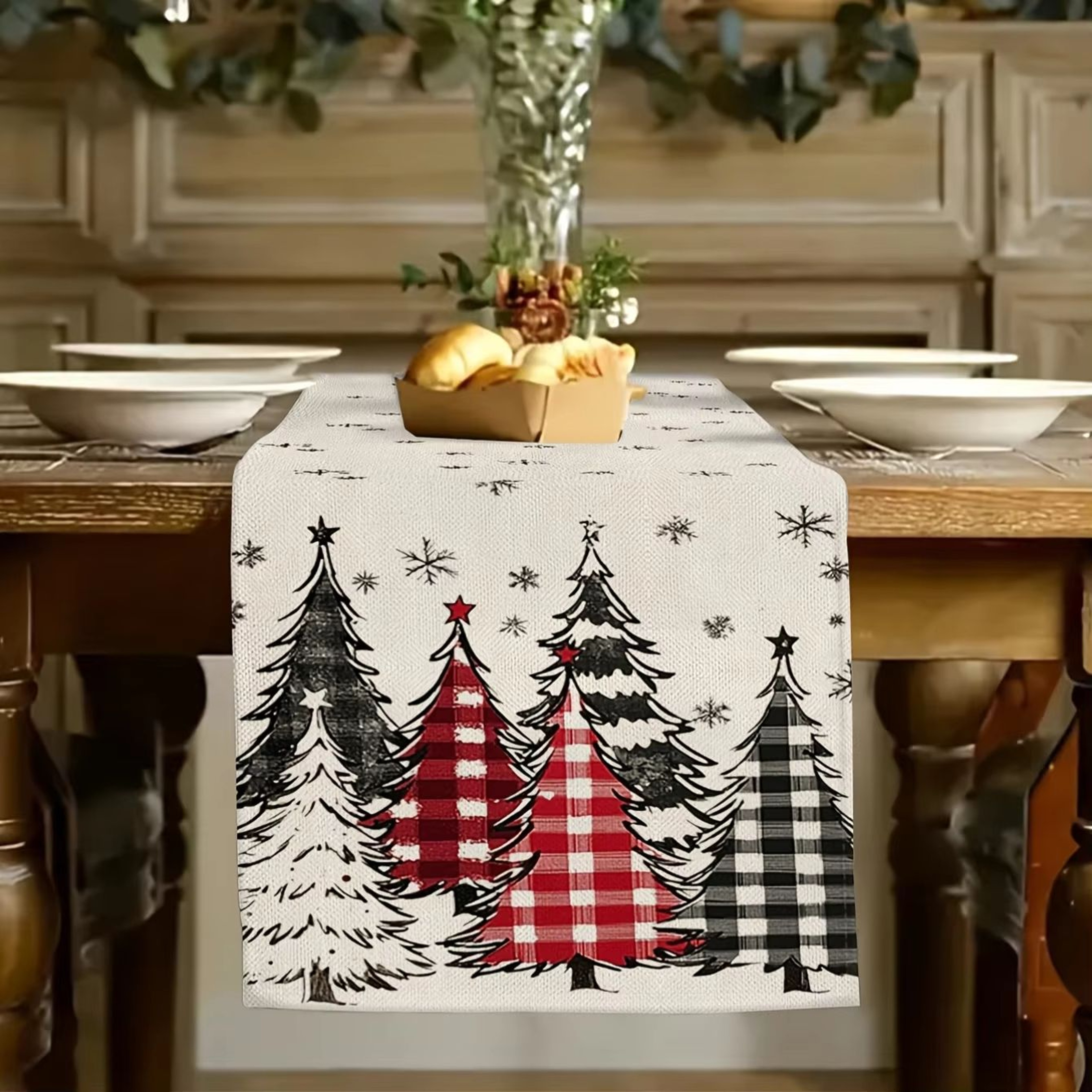Retro Plaid Christmas Tree Table Runner  Cozy Holiday Dining Decor 1