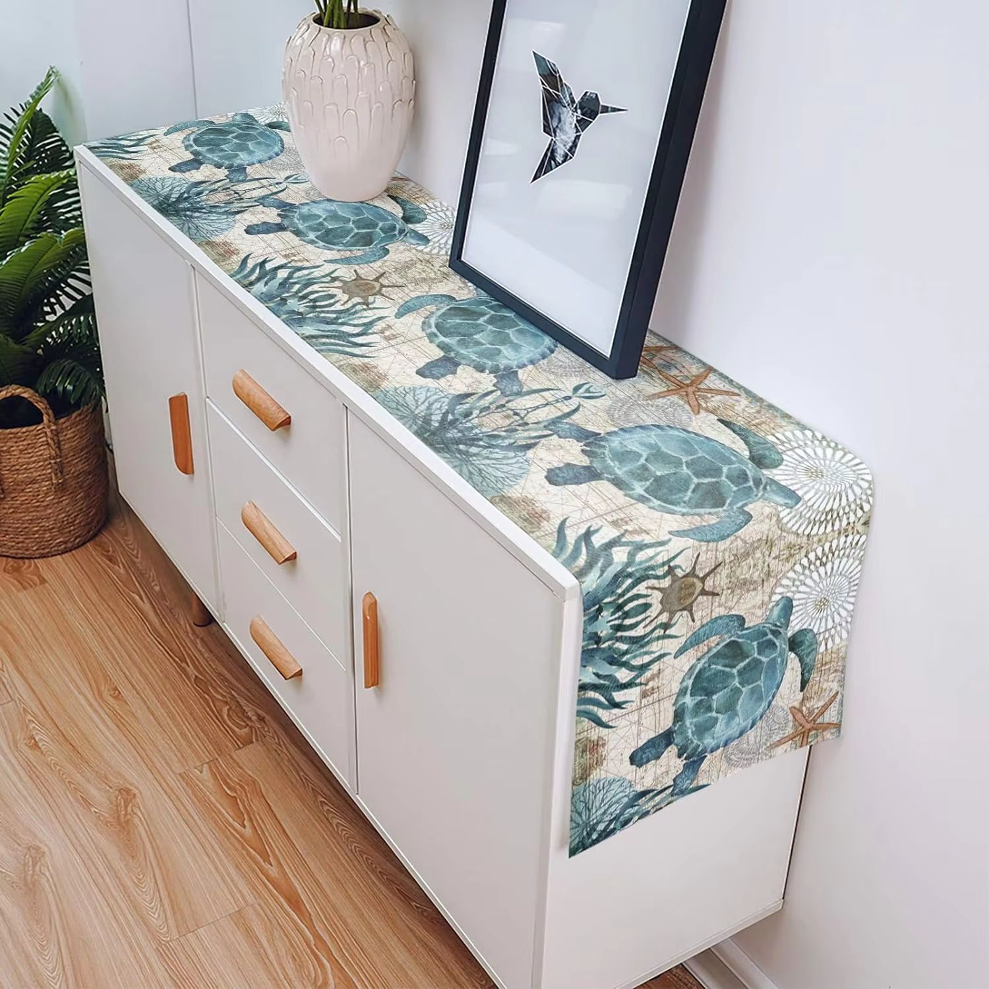 Coastal Sea Turtle Linen Table Runner With Starfish Design For Farmhouse Kitchen Decor 4