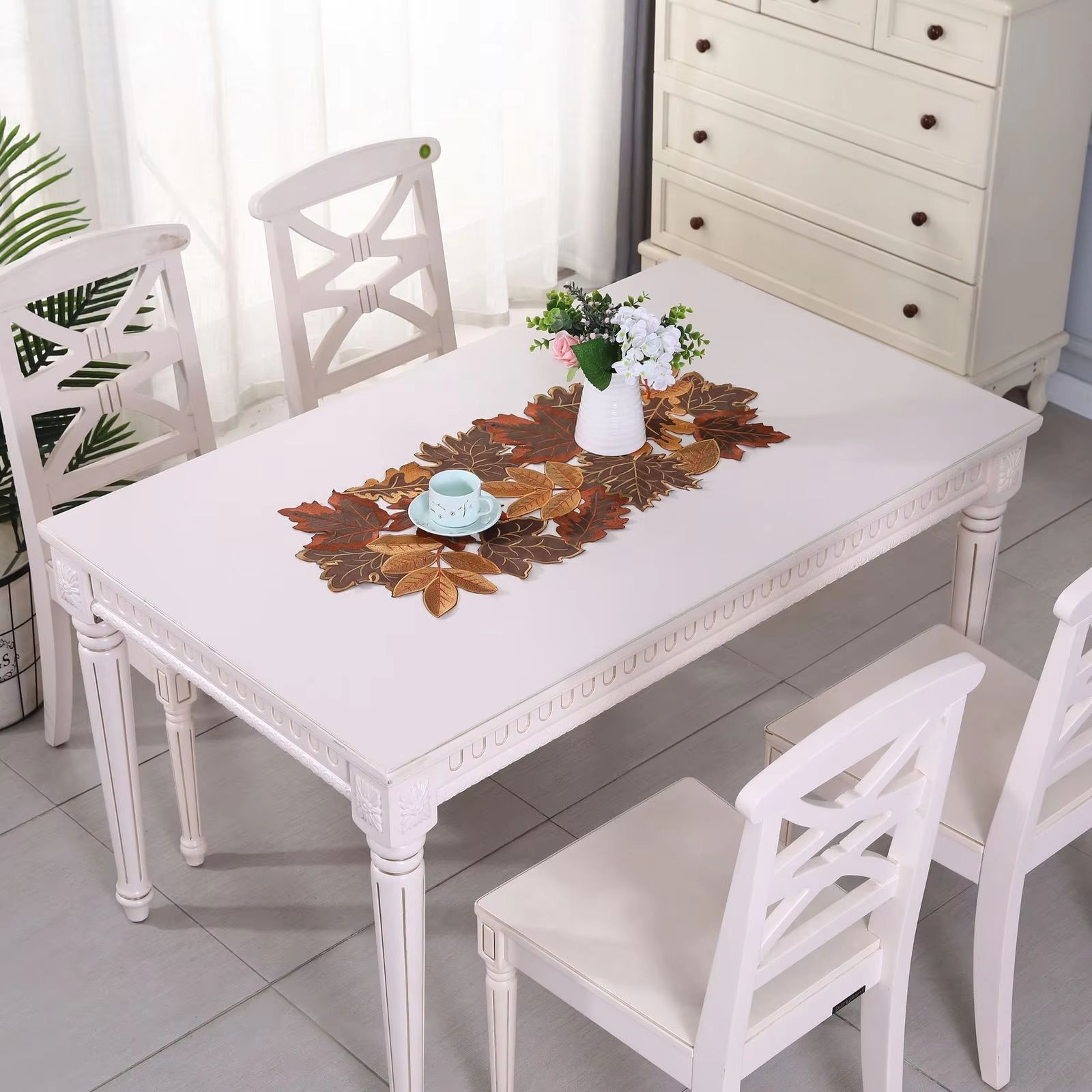 1pc Autumn Maple Leaf Embroidered Table Runner Flocked Brown Maple Design Rustic Farmhouse Thanksgi 7