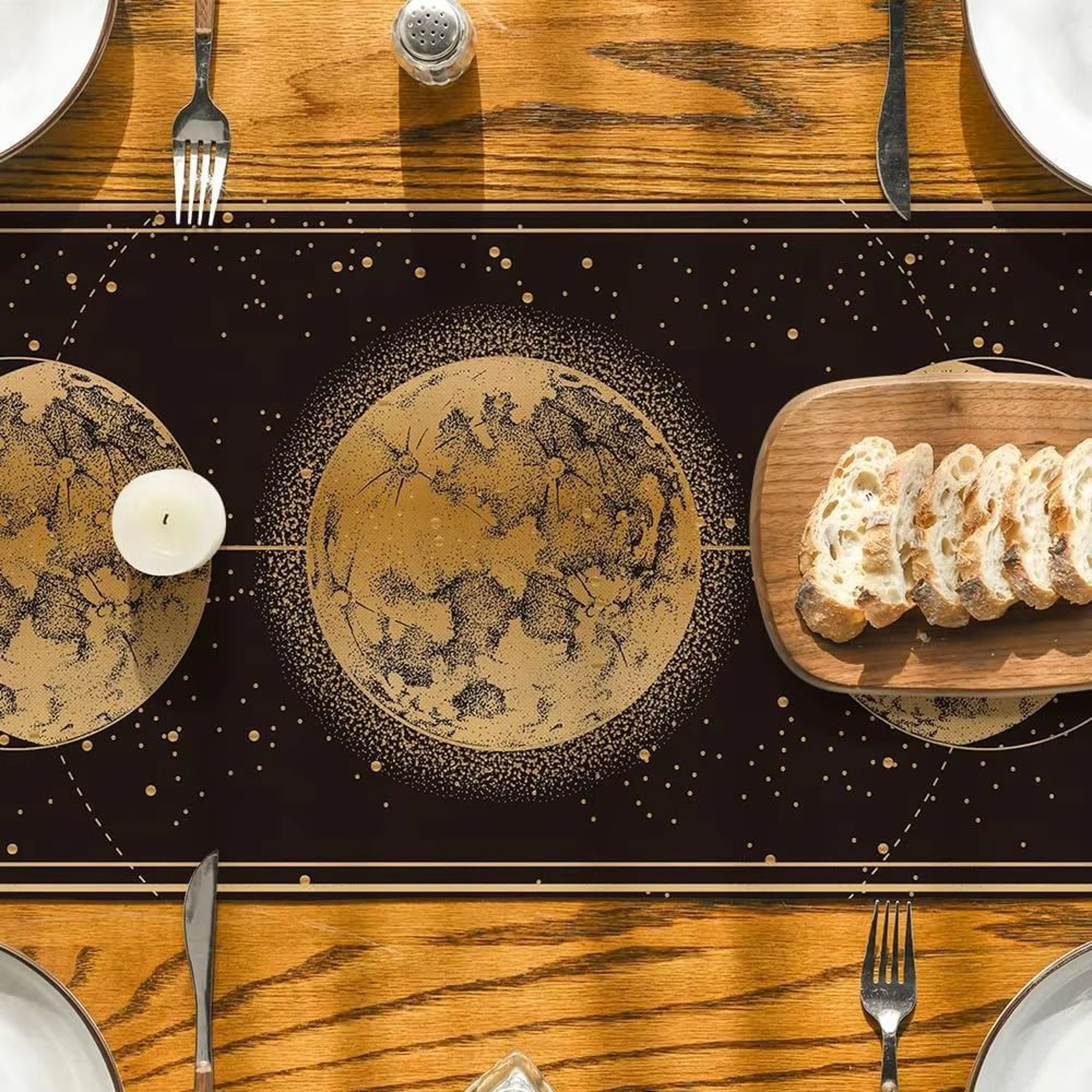 Mystical Moon Phase Linen Table Runner With Astrology Celestial Design 2