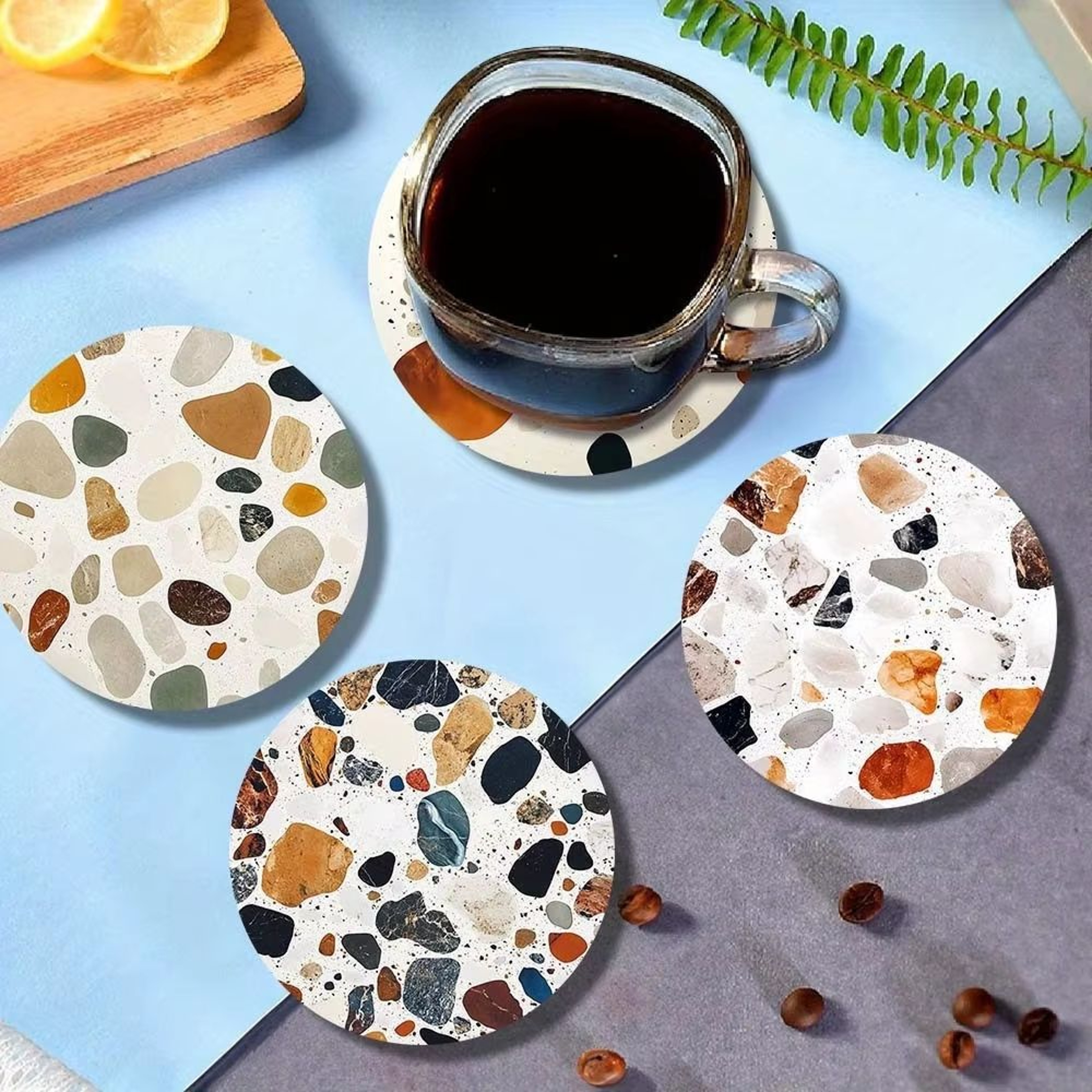 Stone Pattern Wooden Coaster Set  6Piece Heat Resistant Table Protection Mats 0