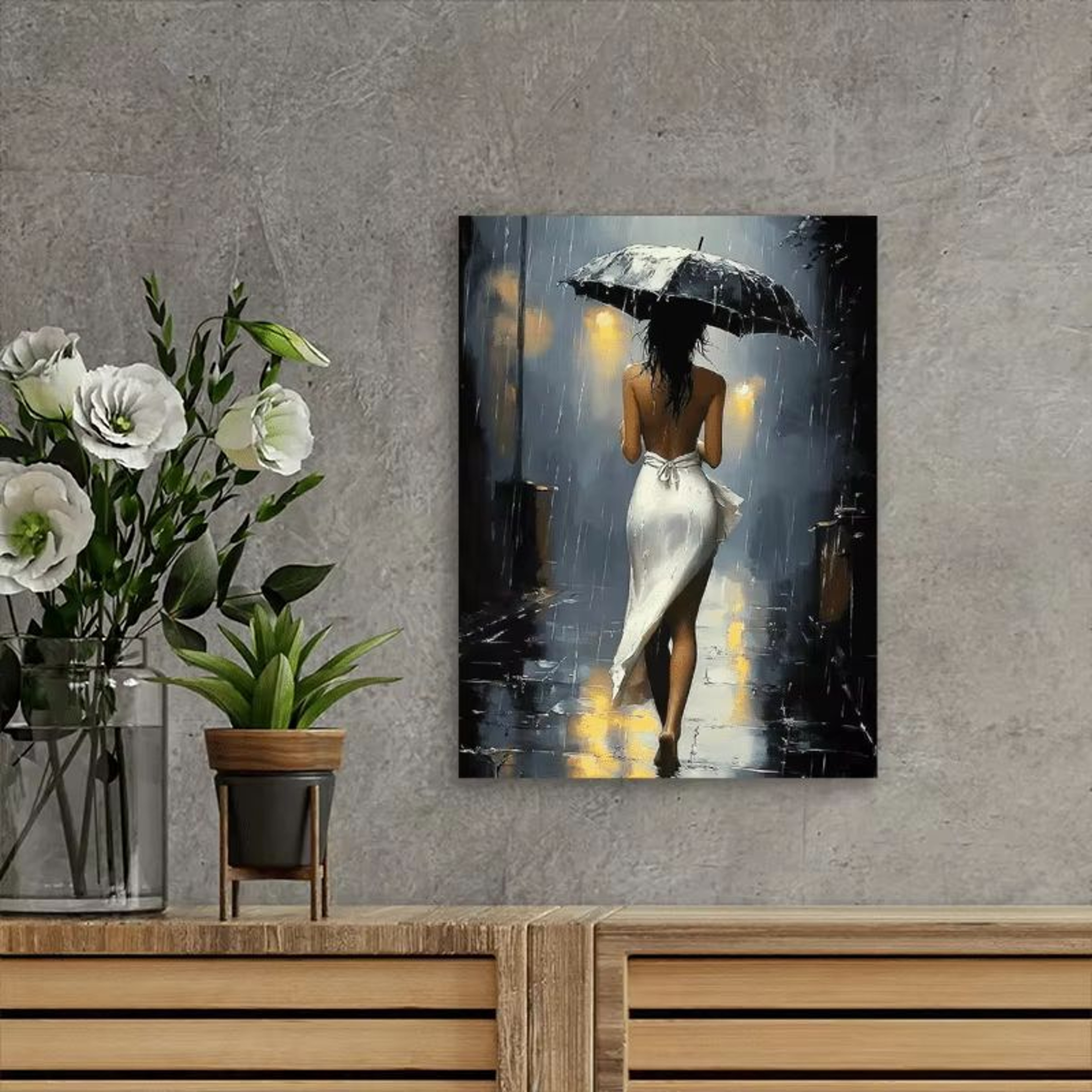 Romantic Rainy Night Canvas Wall Art Framed Elegant Umbrella Street Scene 4