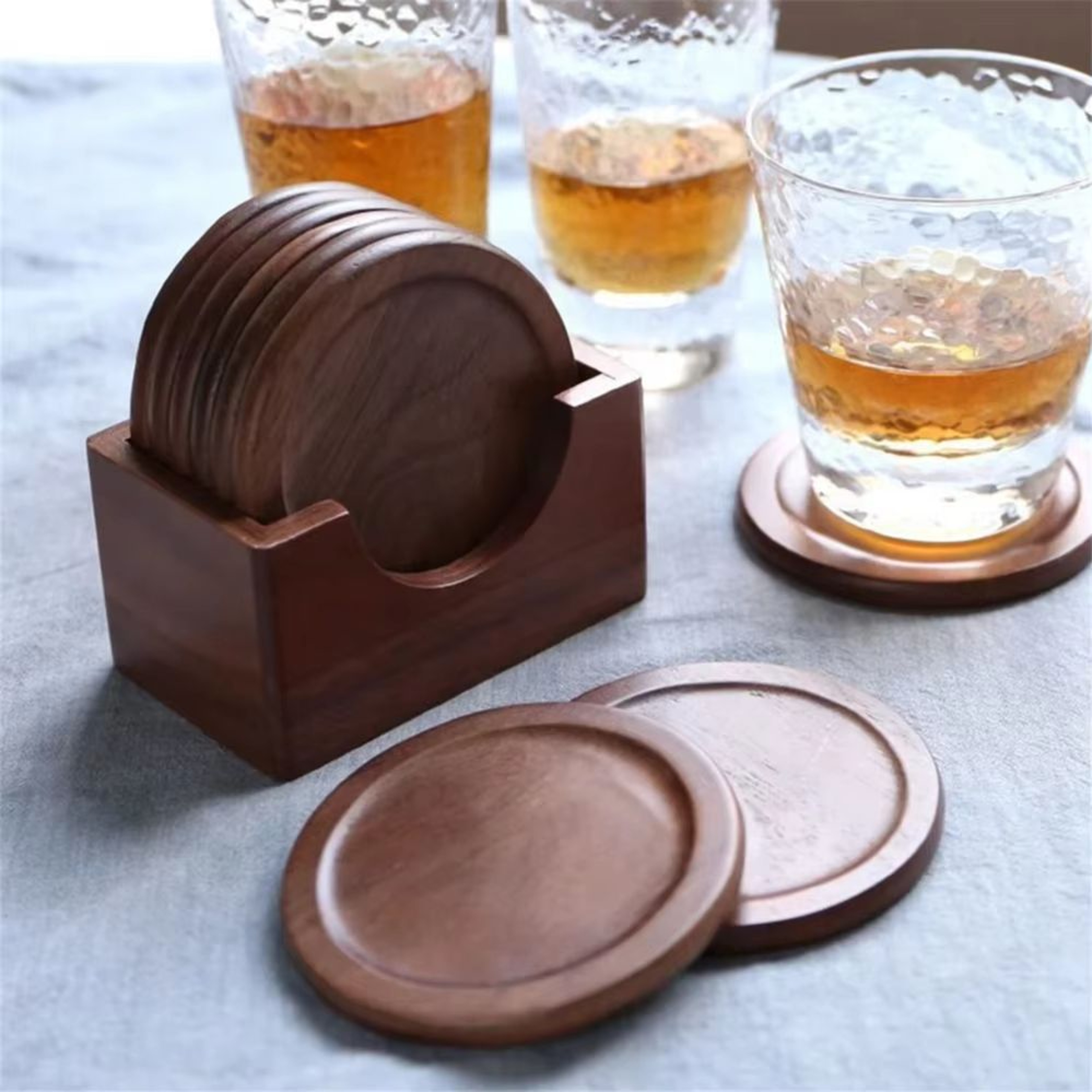 Walnut Wood Coaster Set  6Piece Japanese Style Insulated Round Drink Mats 1
