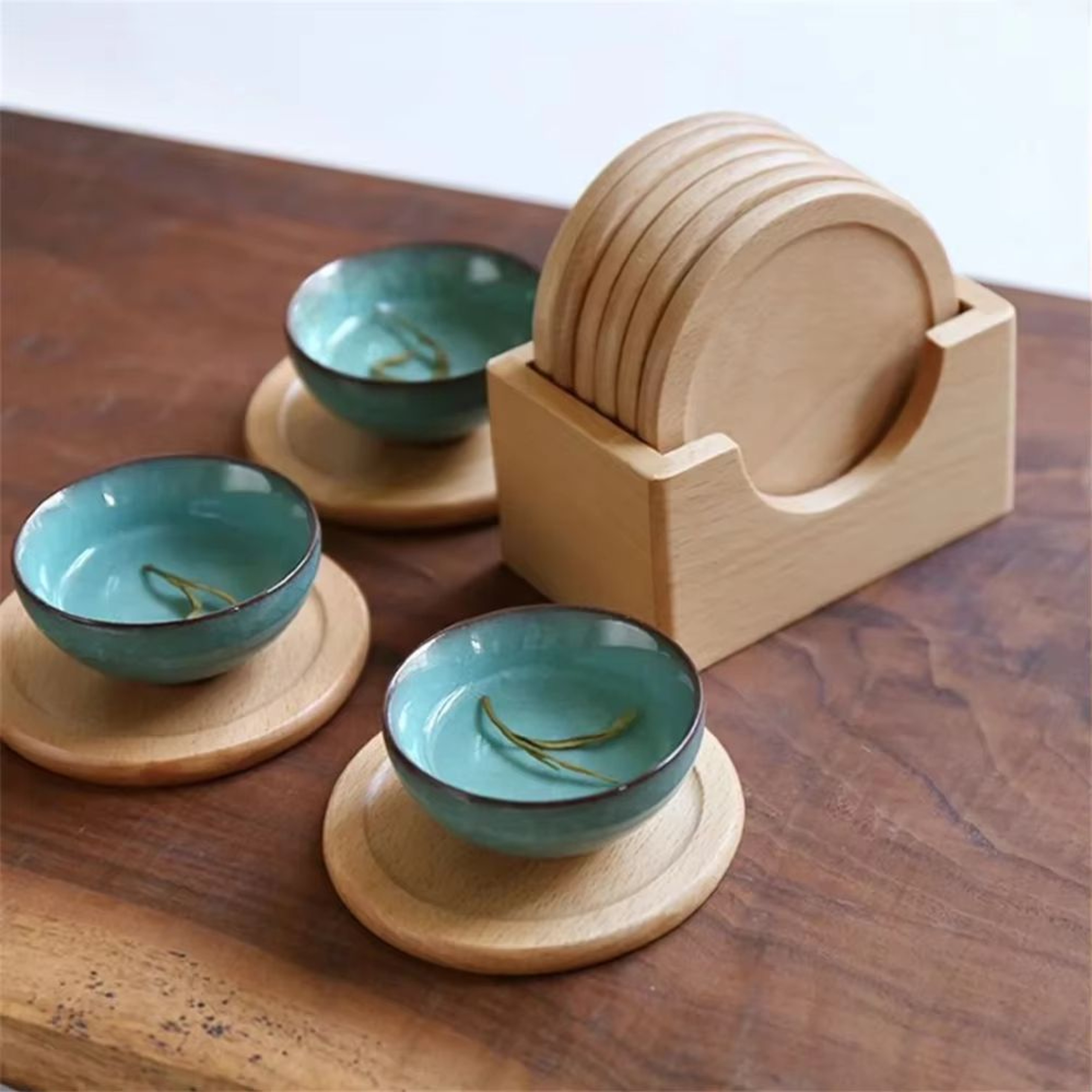Walnut Wood Coaster Set  6Piece Japanese Style Insulated Round Drink Mats 2
