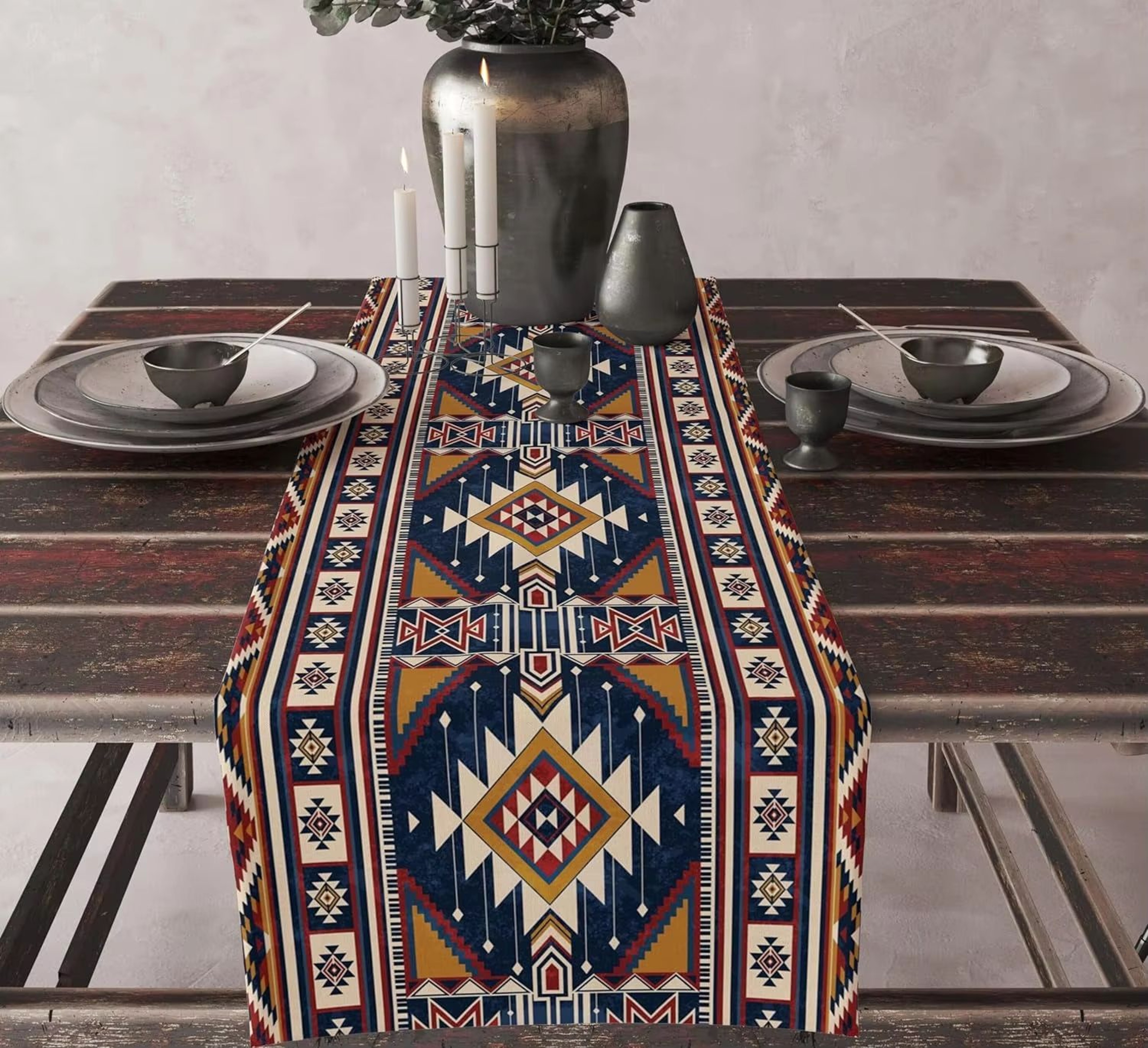 Aztec Boho Linen Table Runner Geometric Tribal Dining Table Decor 15