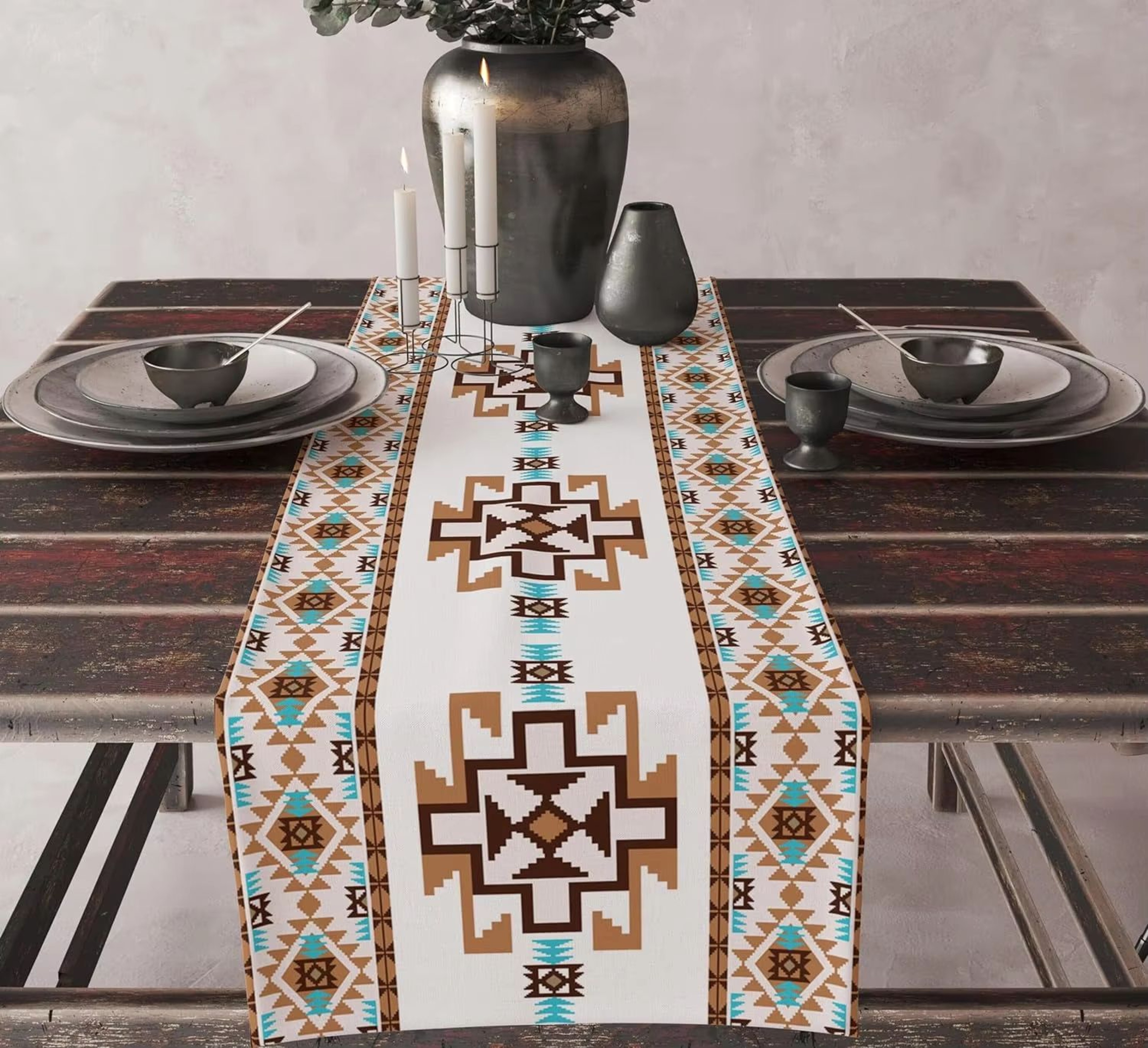 Aztec Boho Linen Table Runner Geometric Tribal Dining Table Decor 17
