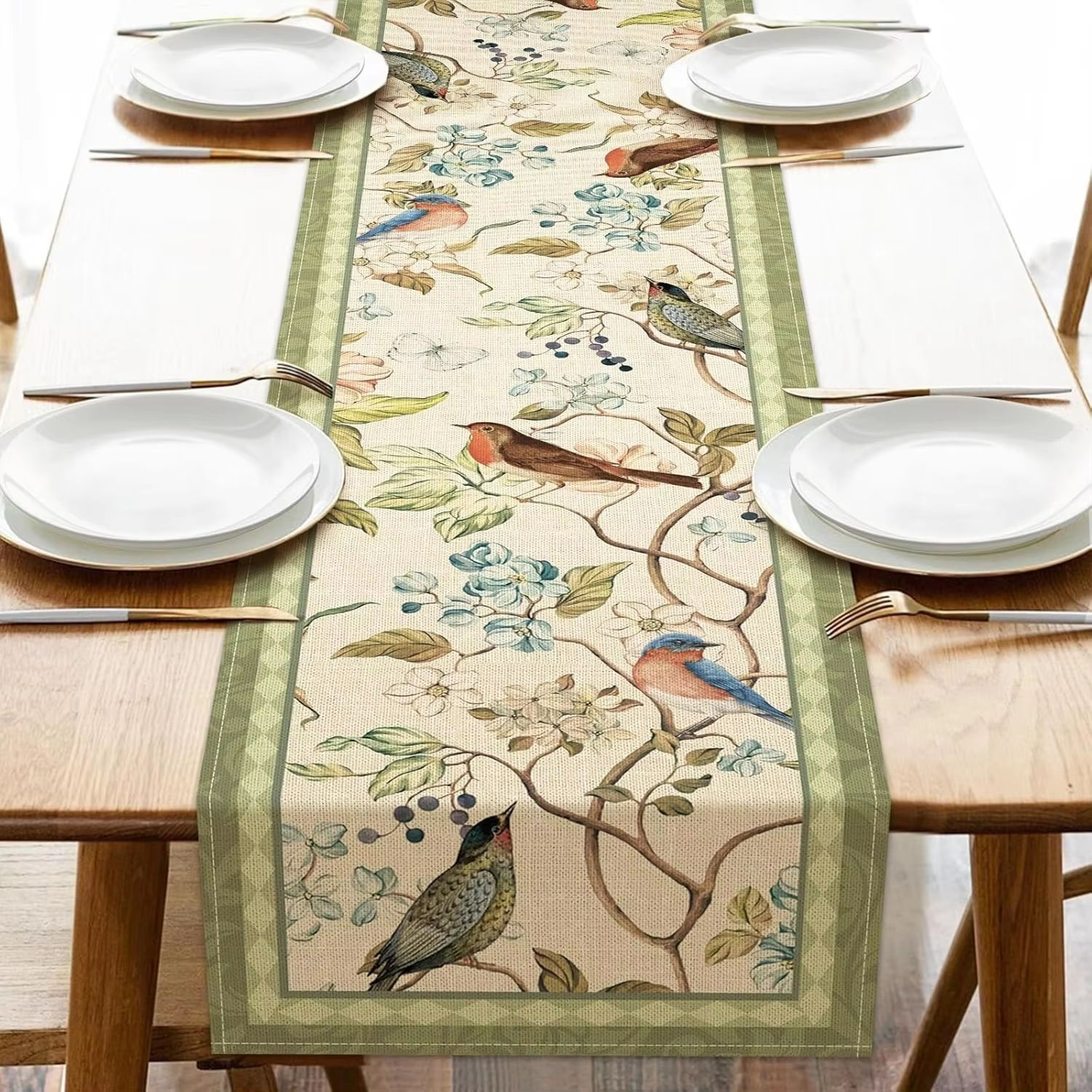 Vintage Floral Birds Linen Table Runner Farmhouse Summer Dining Table Decor 7