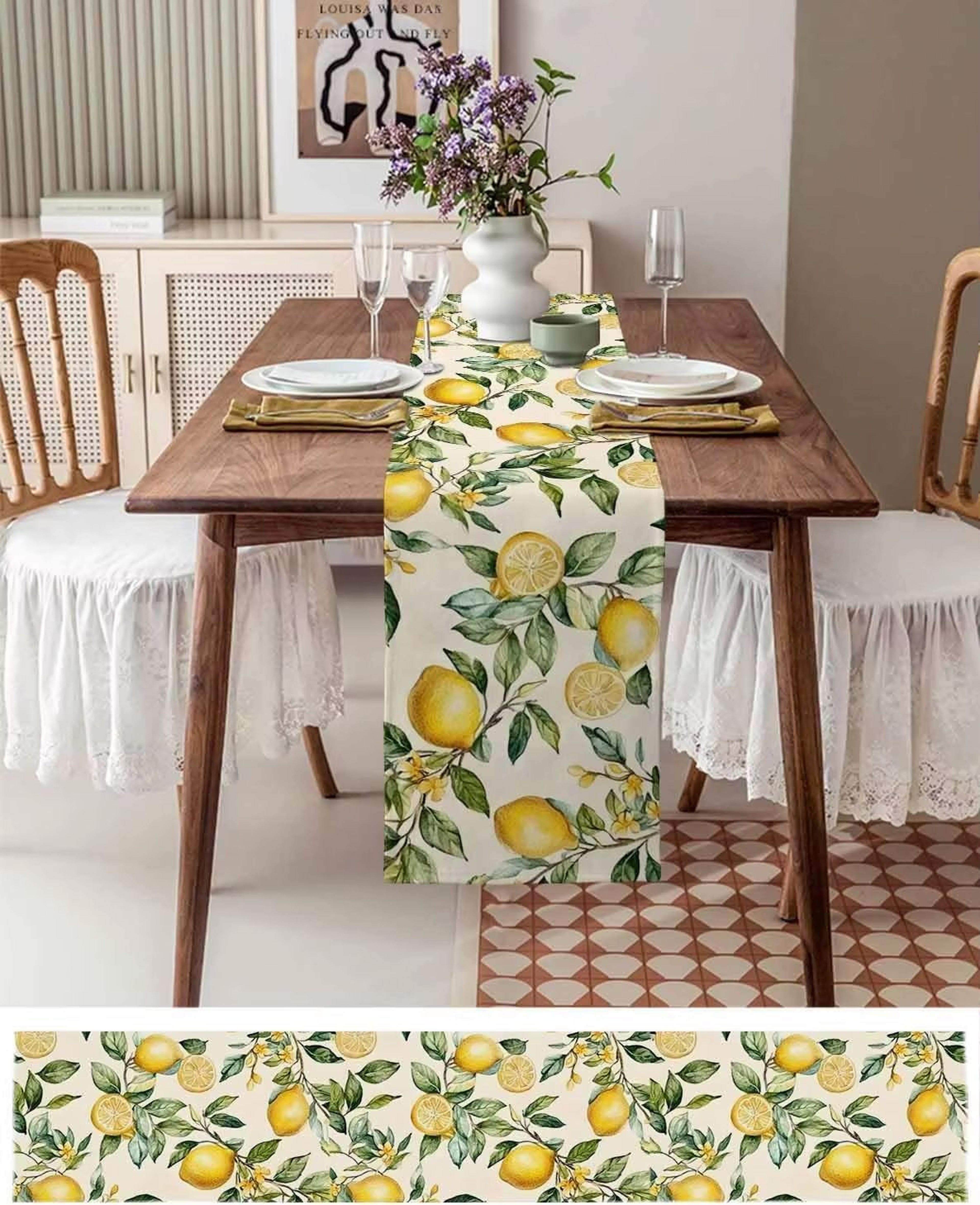 Watercolor Lemon Linen Table Runner Summer Green Leaf Dining Table Decor 3
