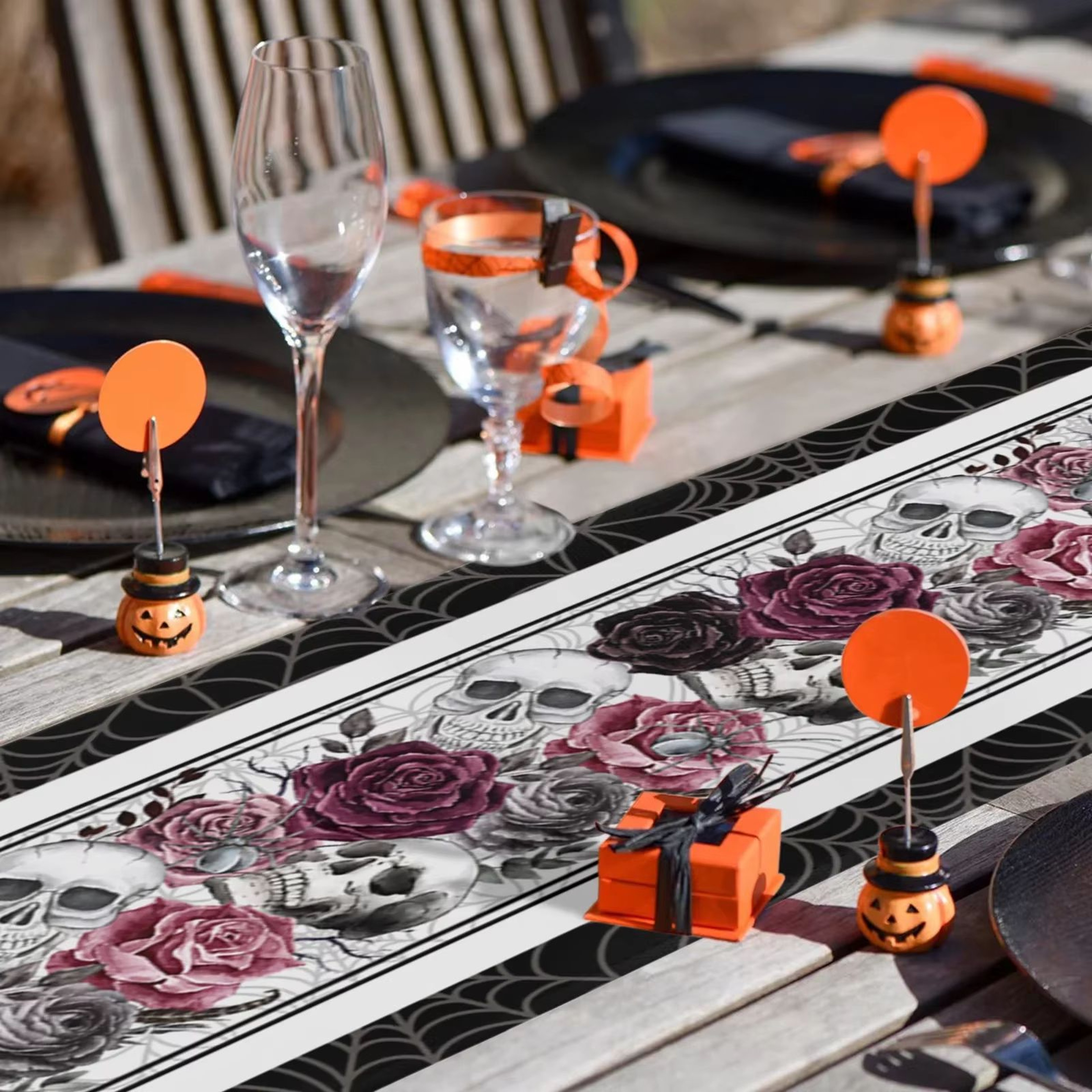 Halloween Skull Rose Crow Linen Table Runner Gothic Party Dining Table Decor 1