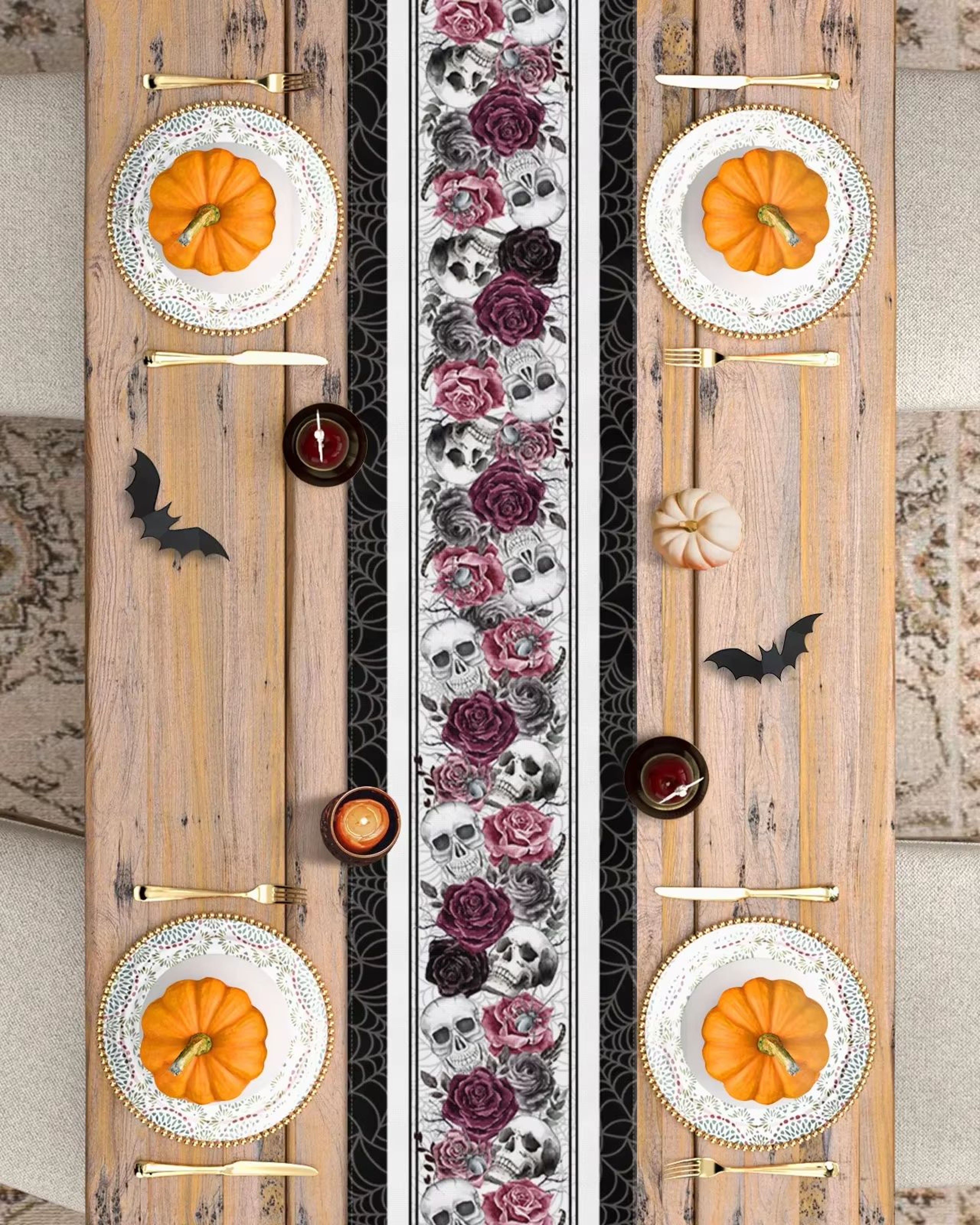 Halloween Skull Rose Crow Linen Table Runner Gothic Party Dining Table Decor 3