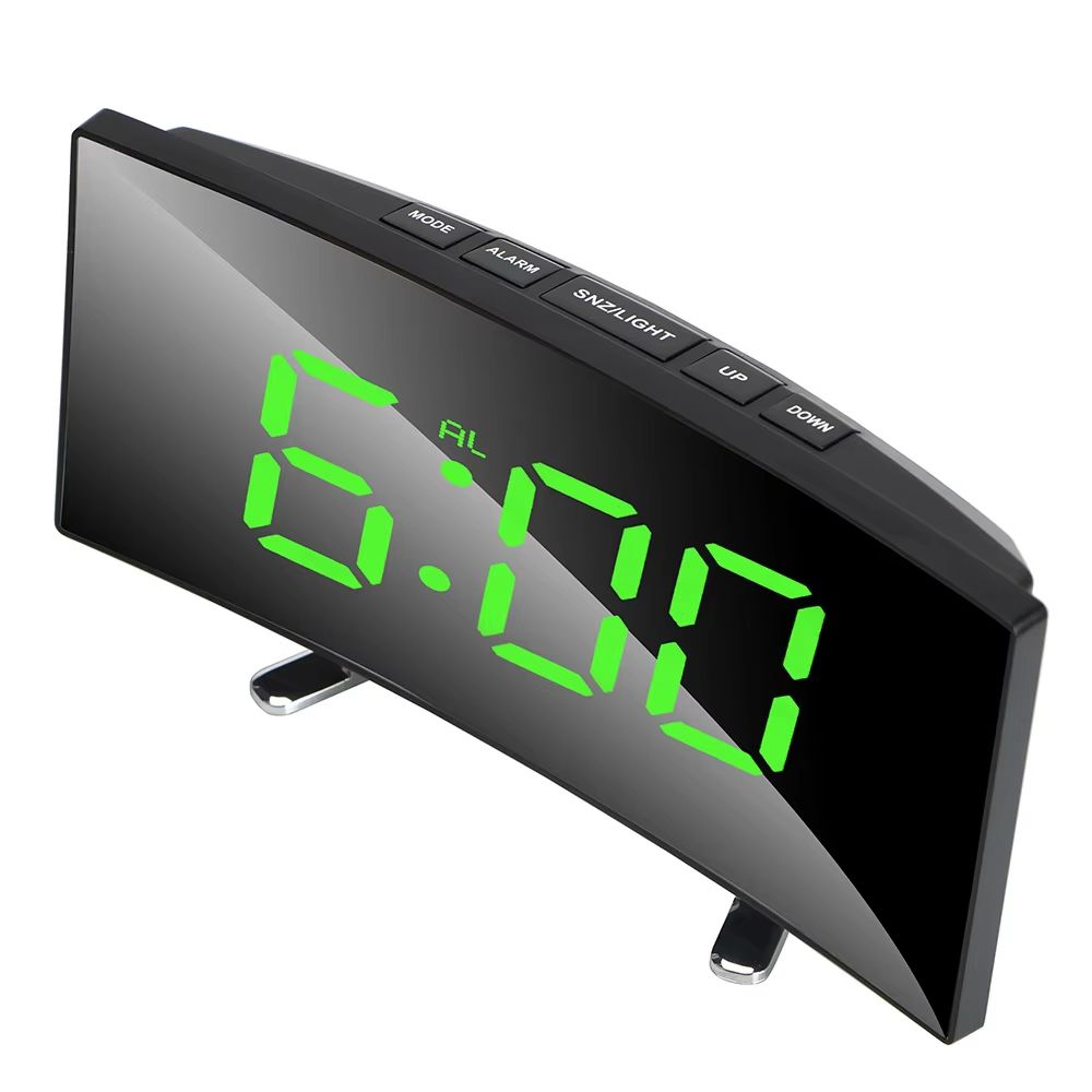 Curved LED Mirror Alarm Clock Dimmable Large Display Desk Clock 0
