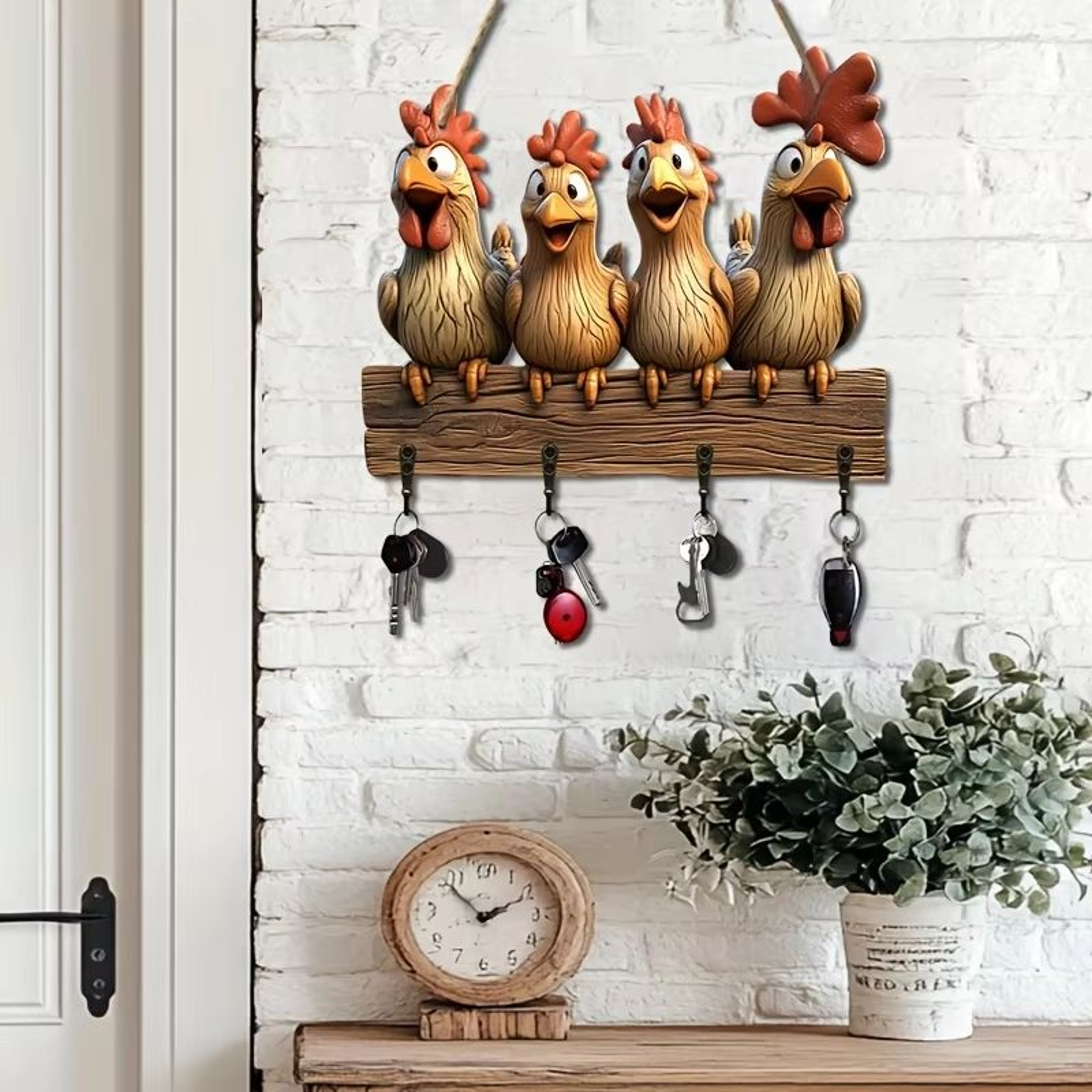 Rustic Hen Wooden Key Holder Wall Mounted Farmhouse Key Rack Decor 0