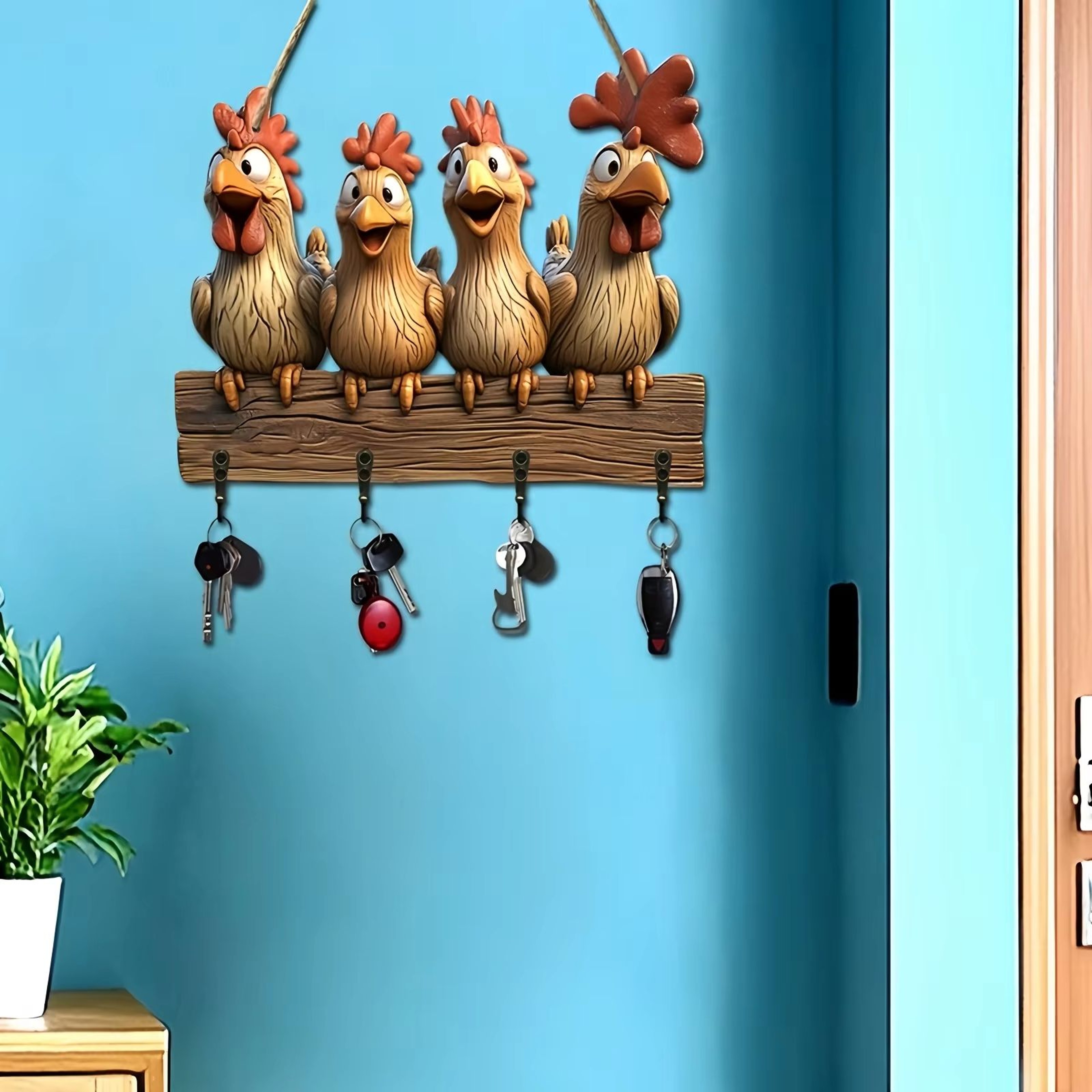 Rustic Hen Wooden Key Holder Wall Mounted Farmhouse Key Rack Decor 3