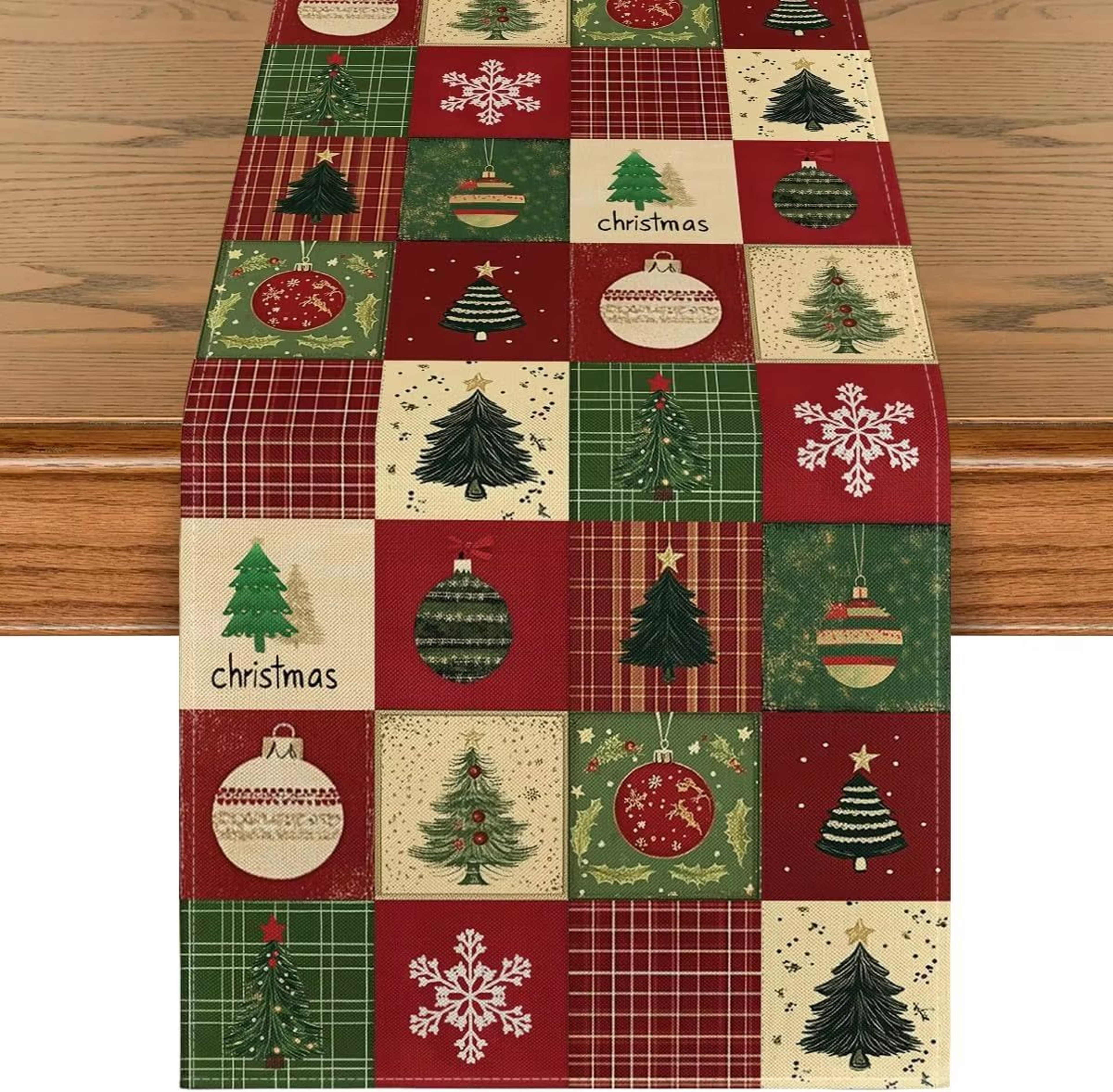 Christmas Plaid Linen Table Runner With Snowflake And Tree Design For Festive Dining Decor 0