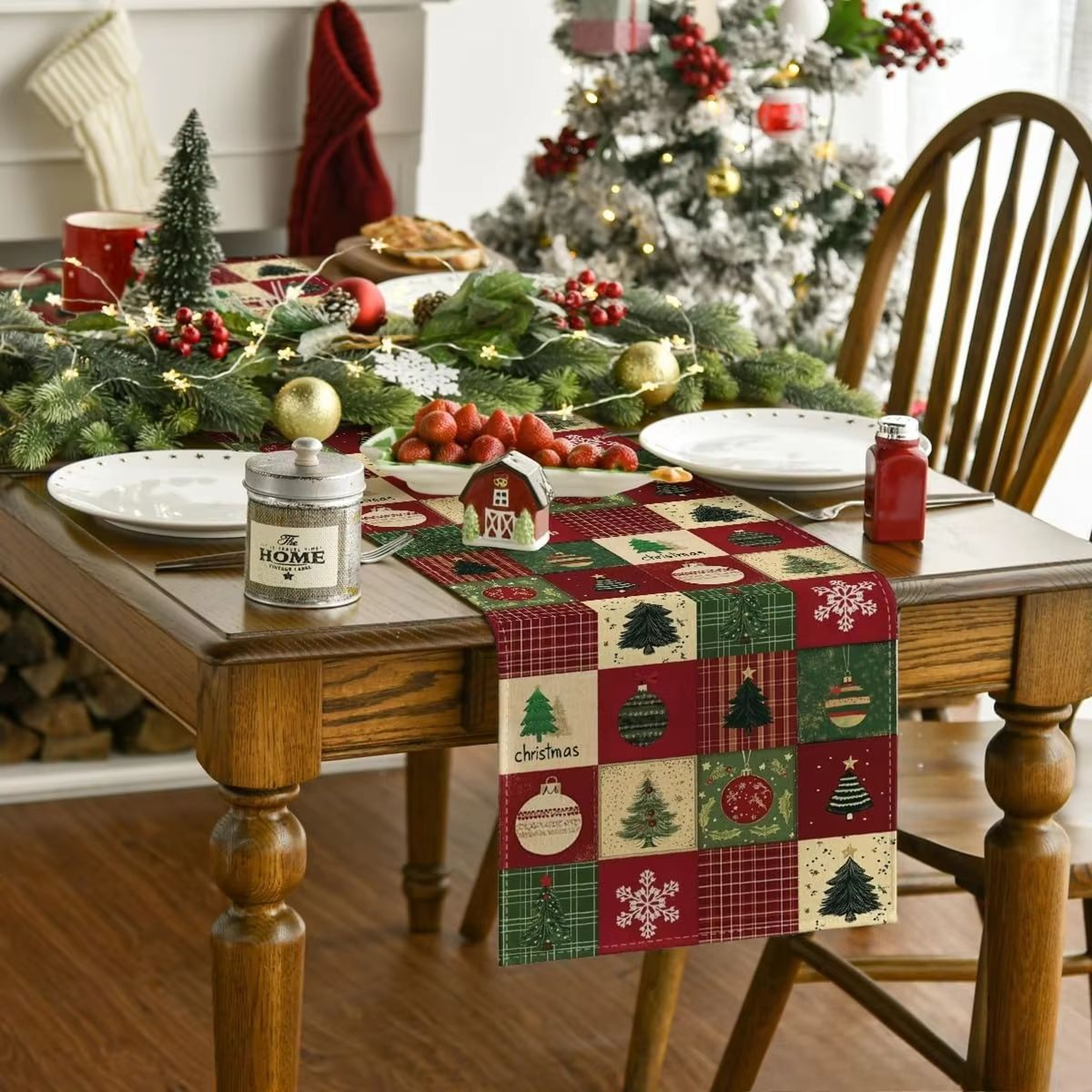 Christmas Plaid Linen Table Runner With Snowflake And Tree Design For Festive Dining Decor 3