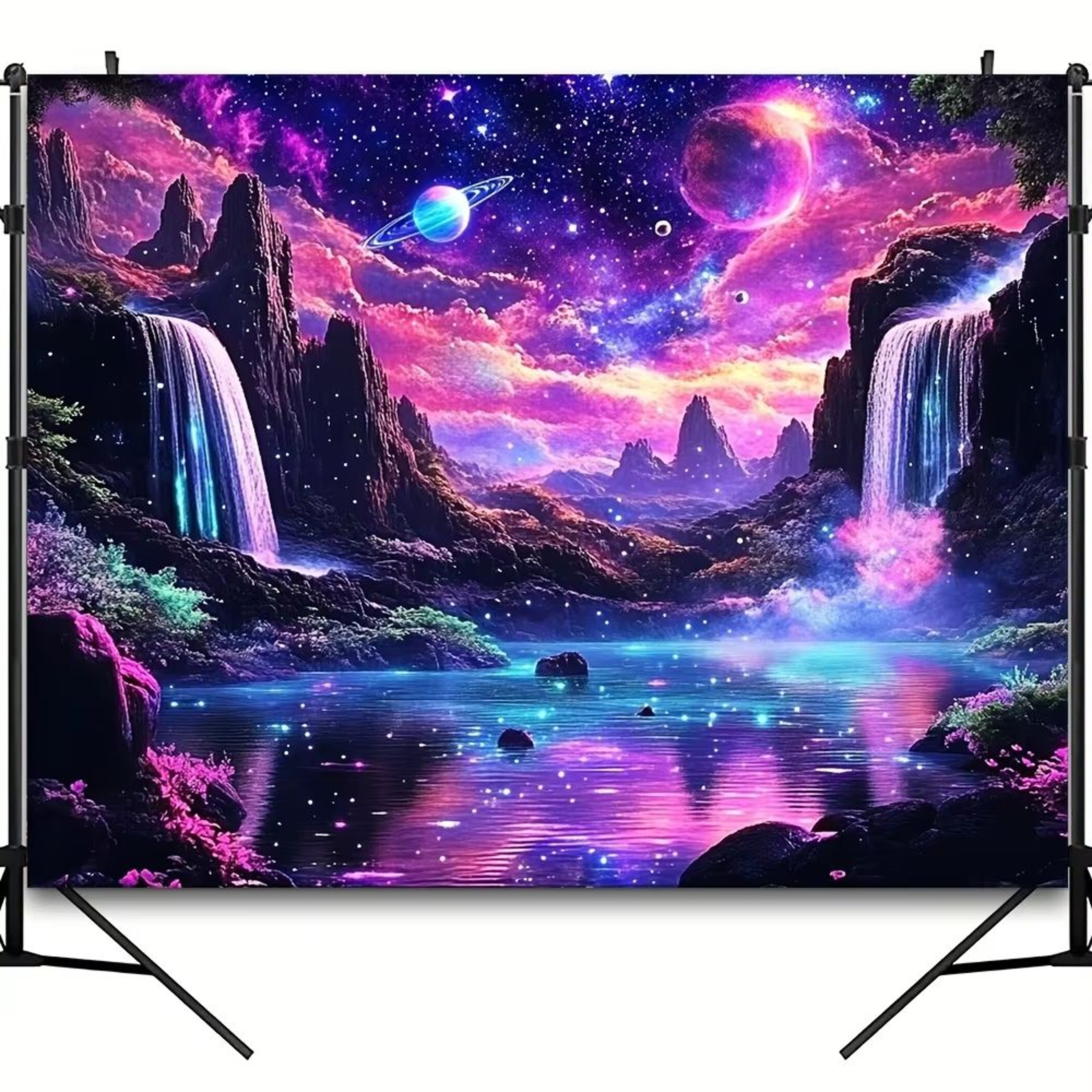 Fantasy Starry Sky Waterfall Tapestry Glow Planet Moon Wall Decor For Living Room 3