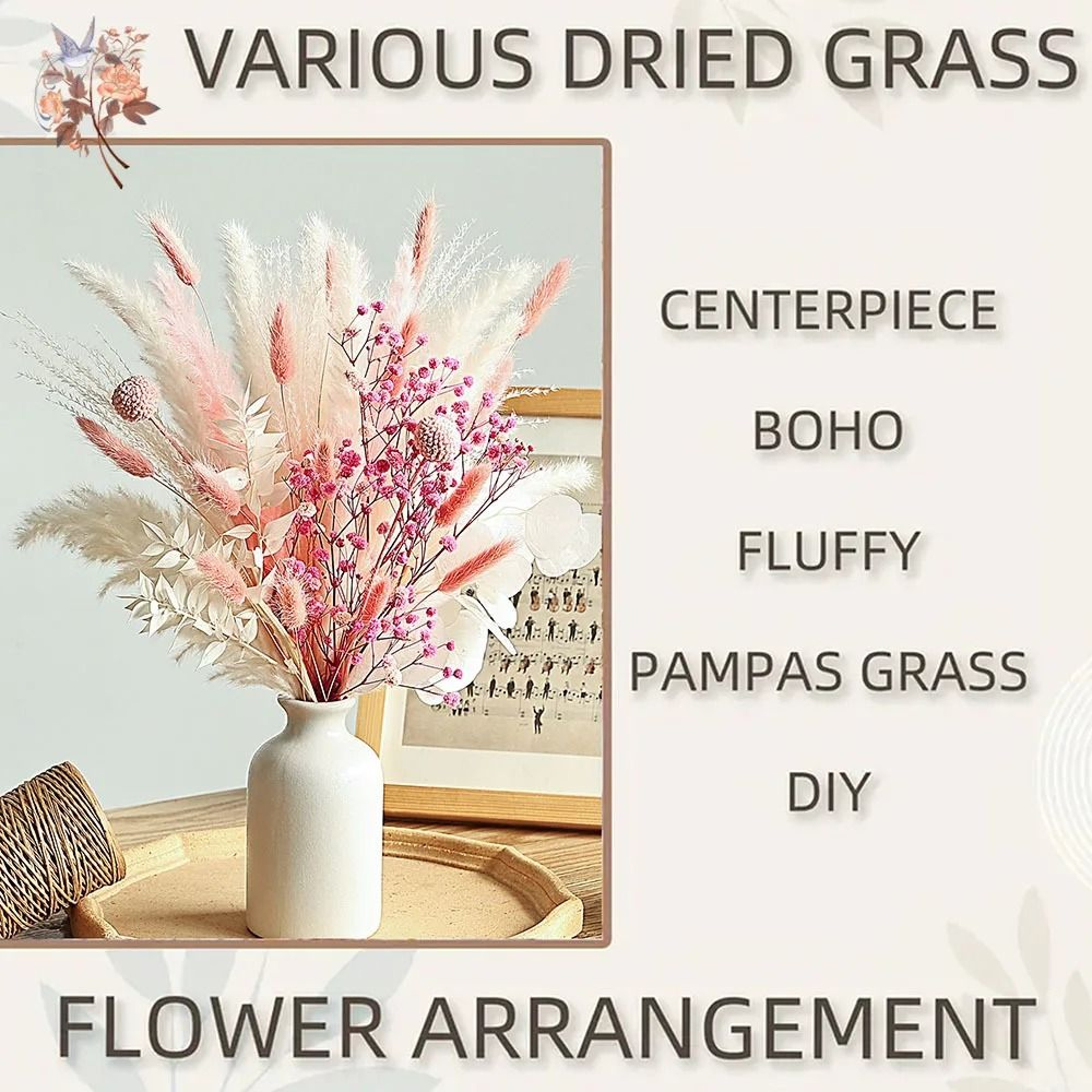 Pink White Dried Flower Pampas Bouquet  Boho Wedding Centerpiece Decor 5