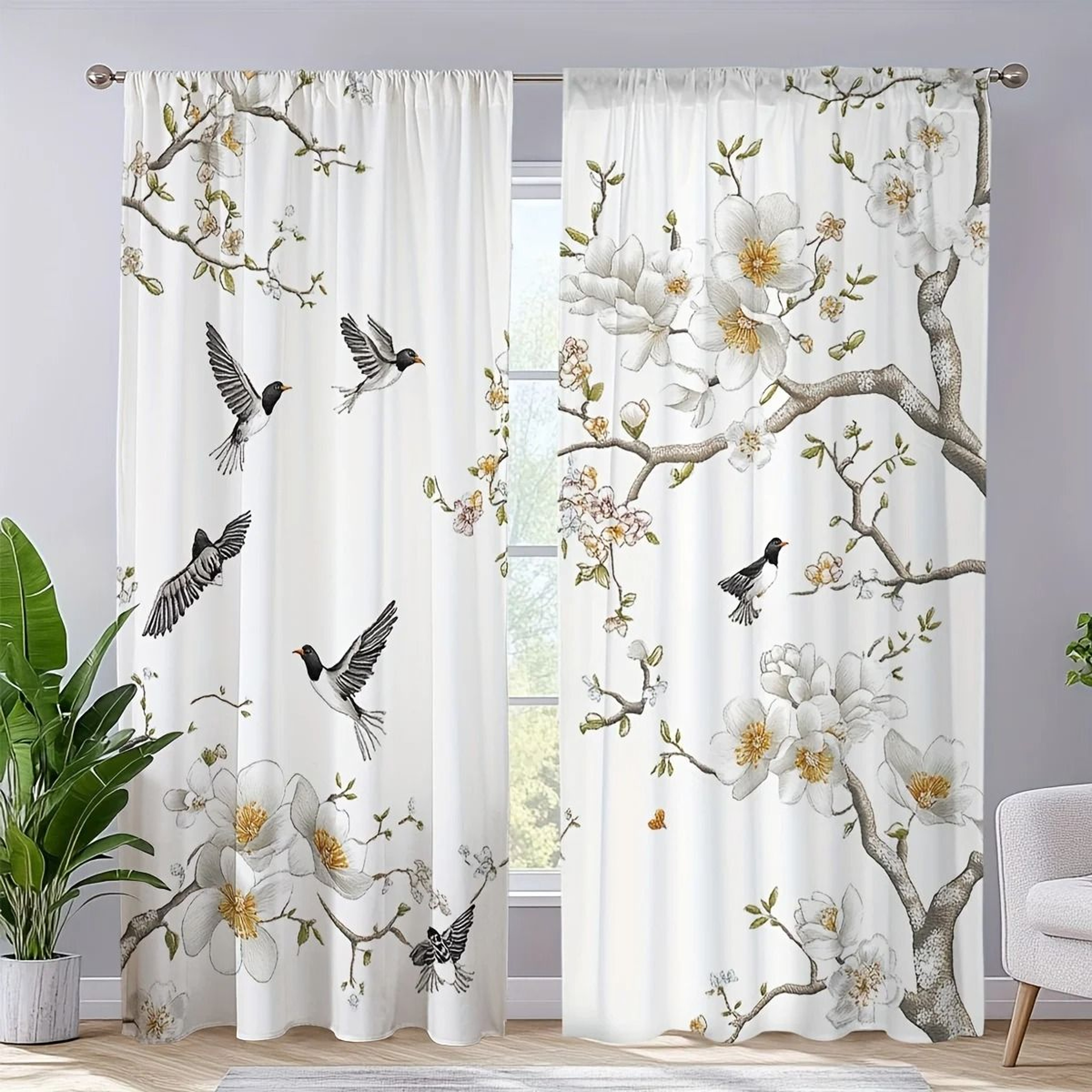 Elegant Floral Bird Print Curtains 2Piece Botanical Polyester Window Drapes 4