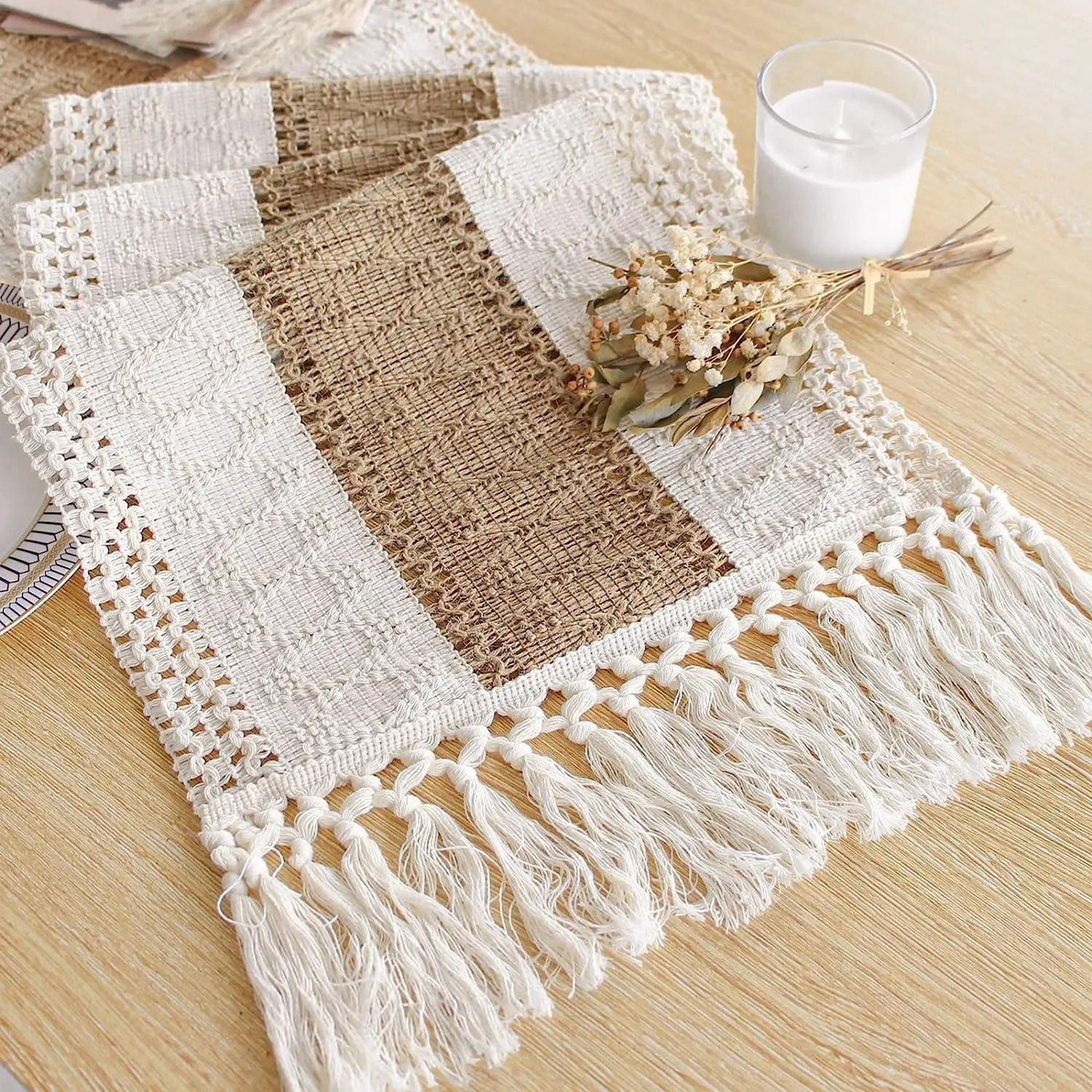 Boho Farmhouse Linen Table Runner With Tassels Rustic Macrame Dining Decor 0