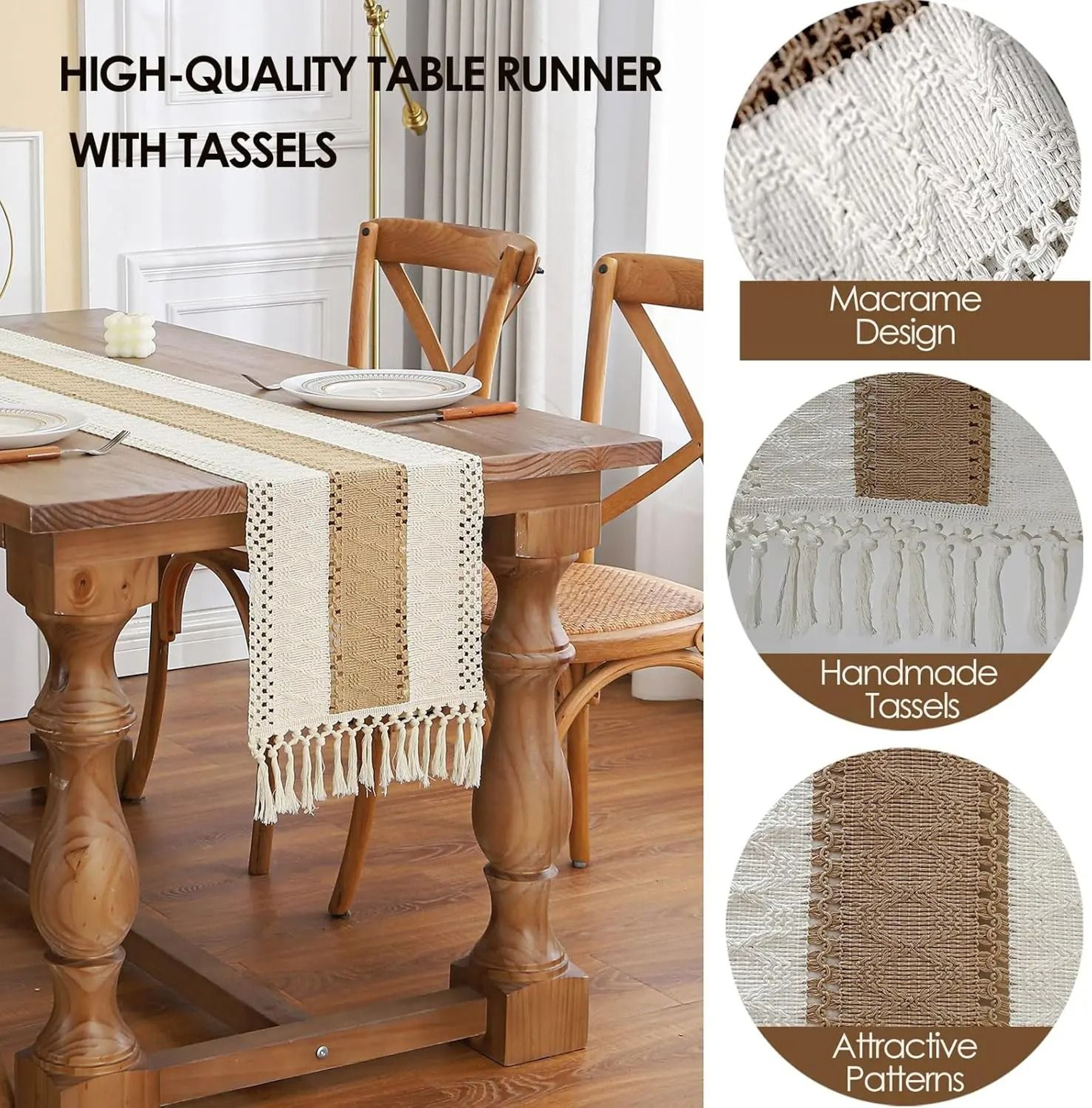 Boho Farmhouse Linen Table Runner With Tassels Rustic Macrame Dining Decor 1