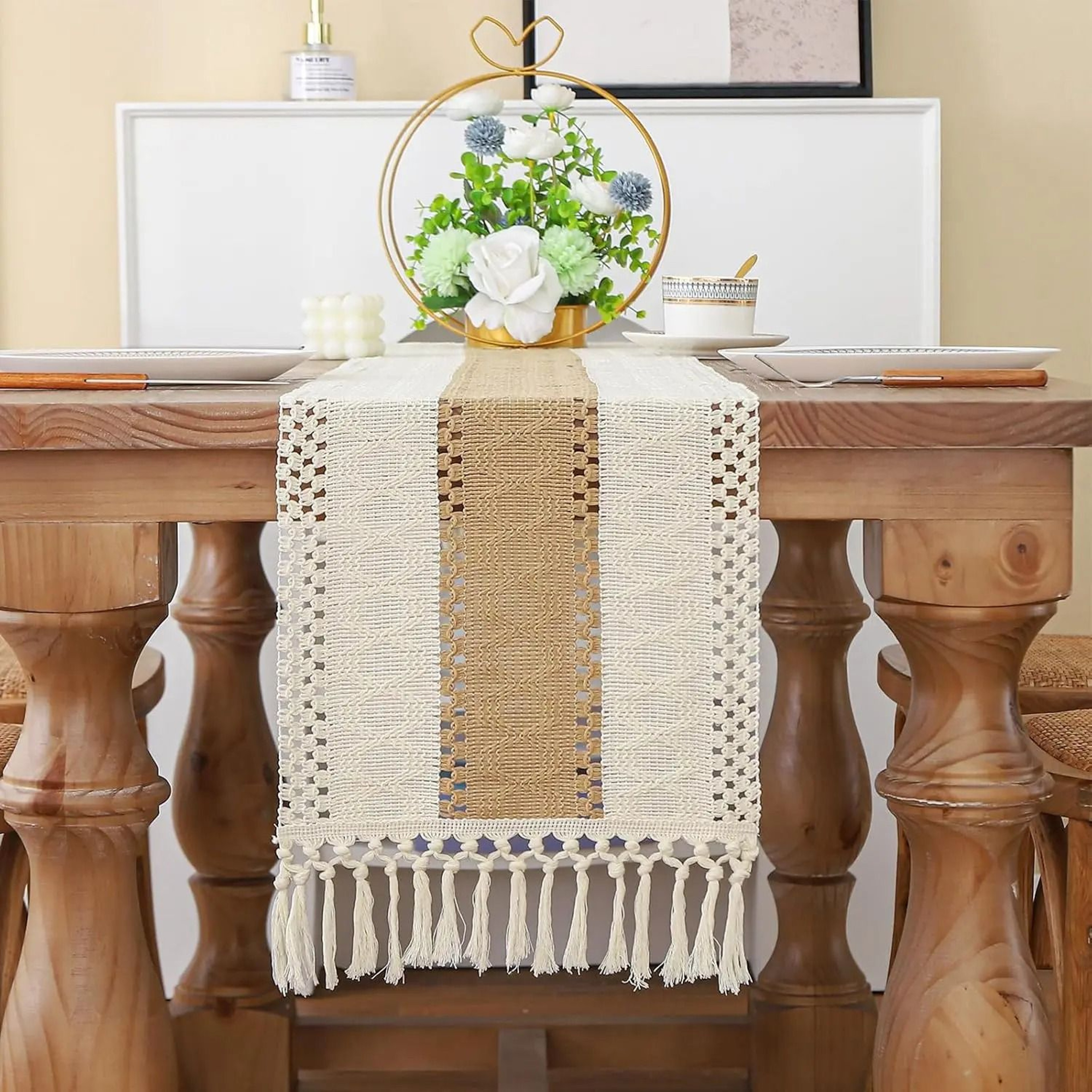 Boho Farmhouse Linen Table Runner With Tassels Rustic Macrame Dining Decor 3