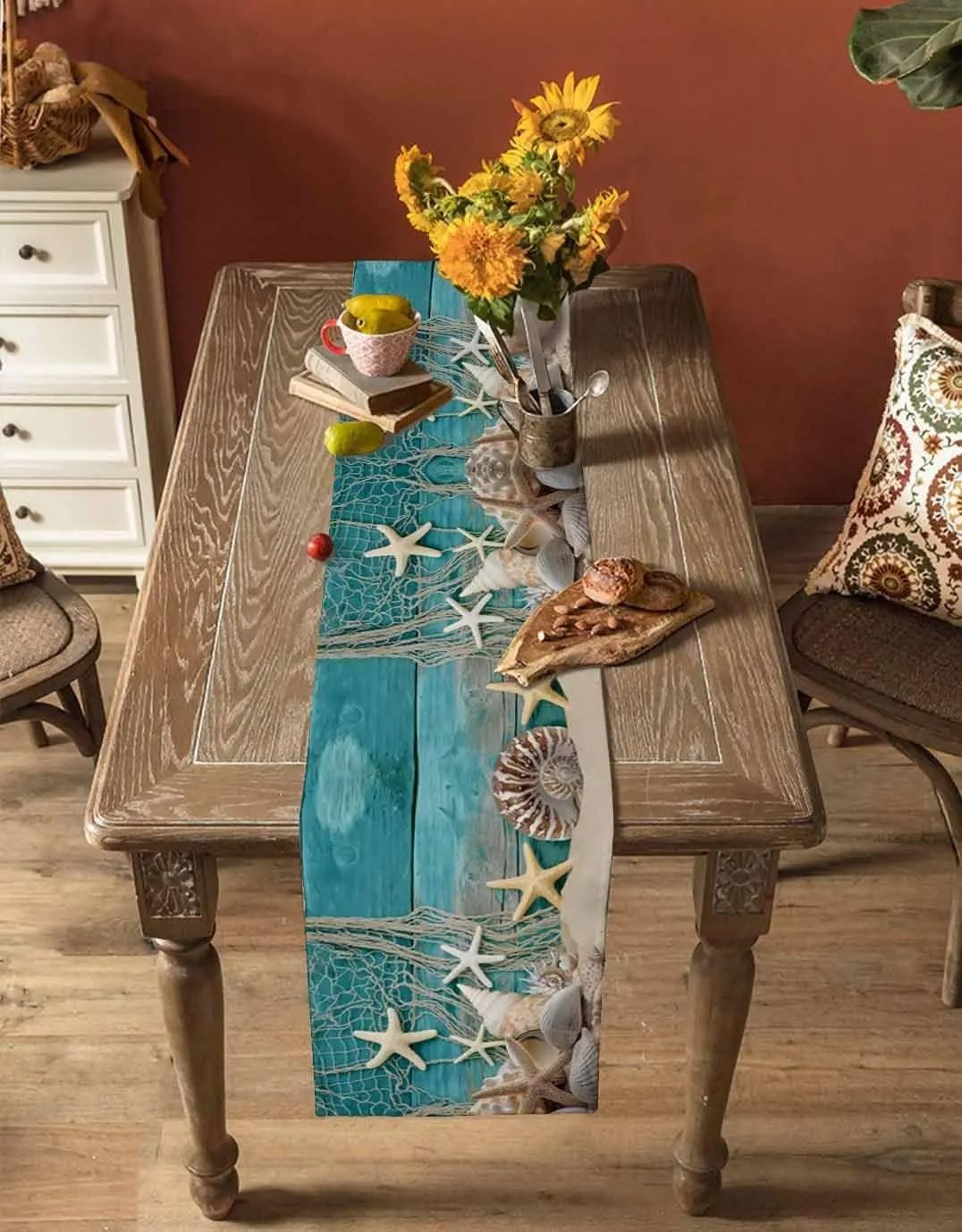 Coastal Starfish Linen Table Runner  Beach Table Runner Summer Ocean Shell Decor 3