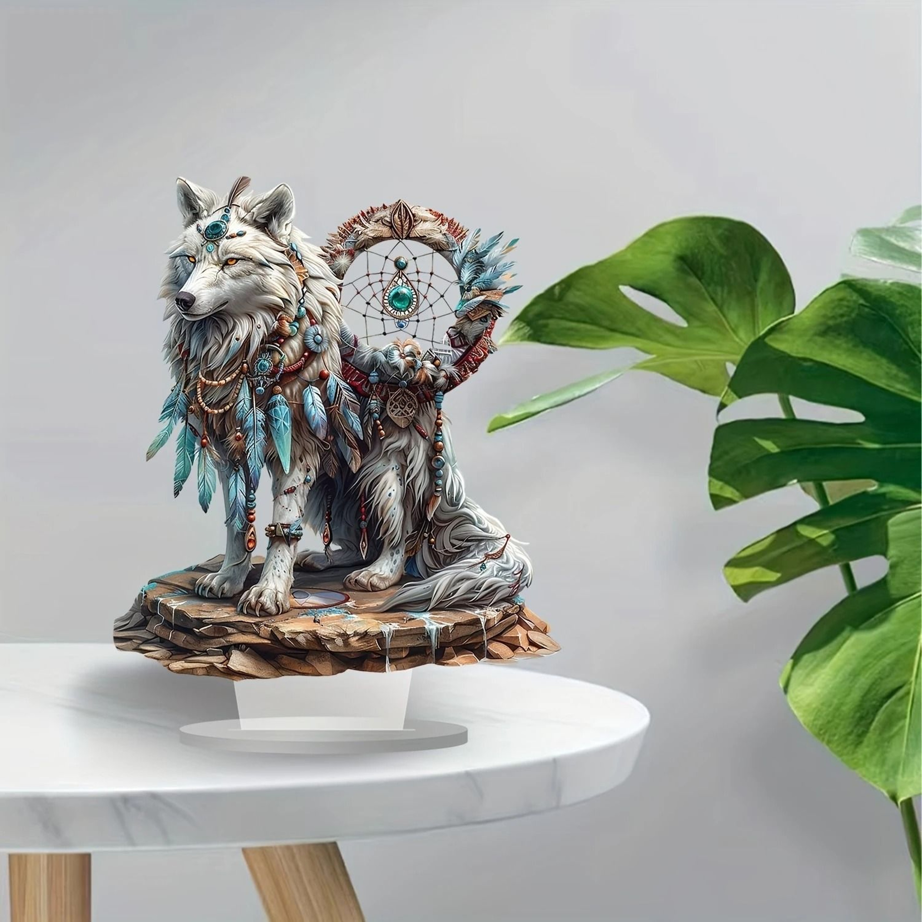 Majestic White Wolf Dreamcatcher Acrylic Table Decor  Wolf Dreamcatcher Decor Boho Desk Ornament 4