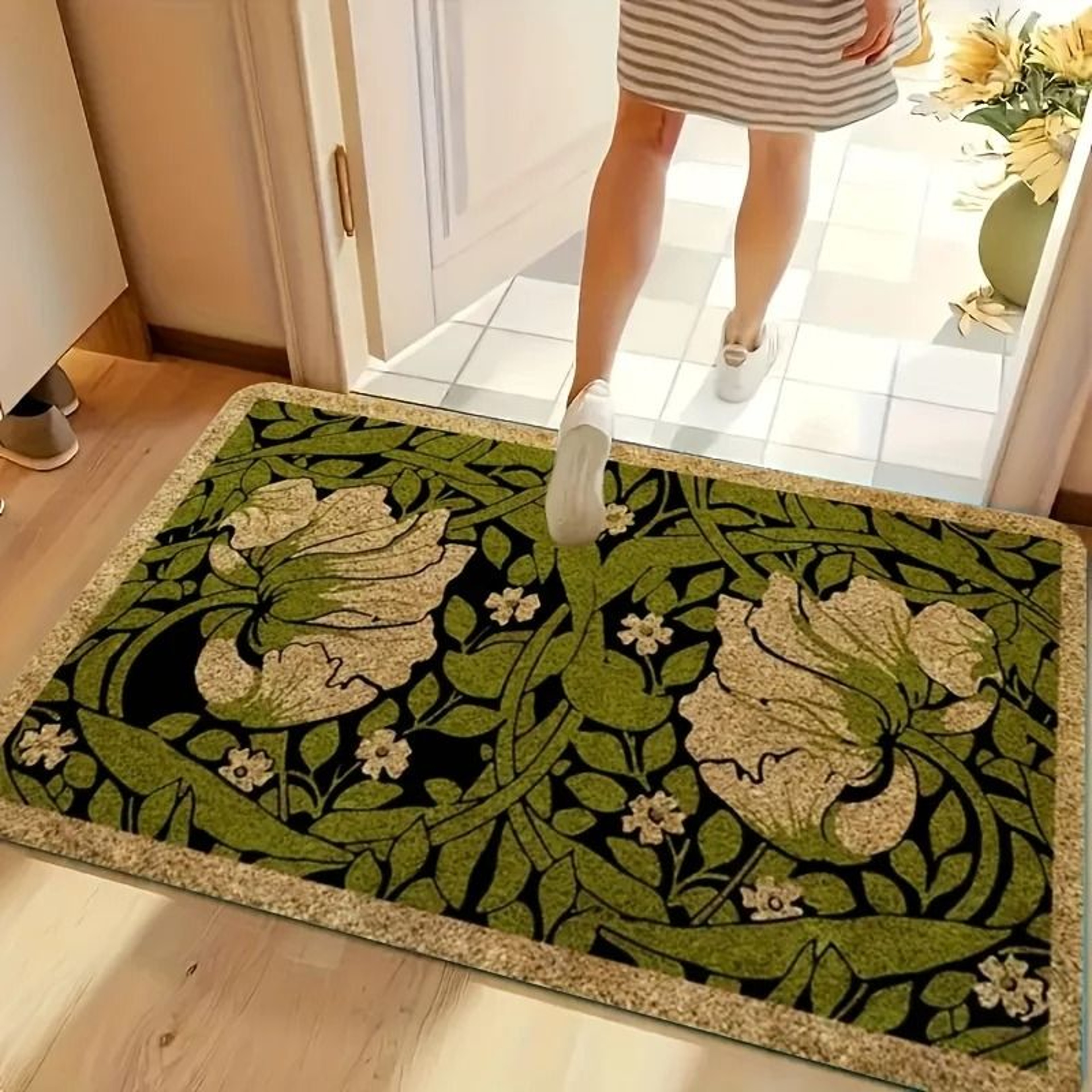 Green Floral Welcome Doormat Washable NonSlip Indoor Entryway Rug 3