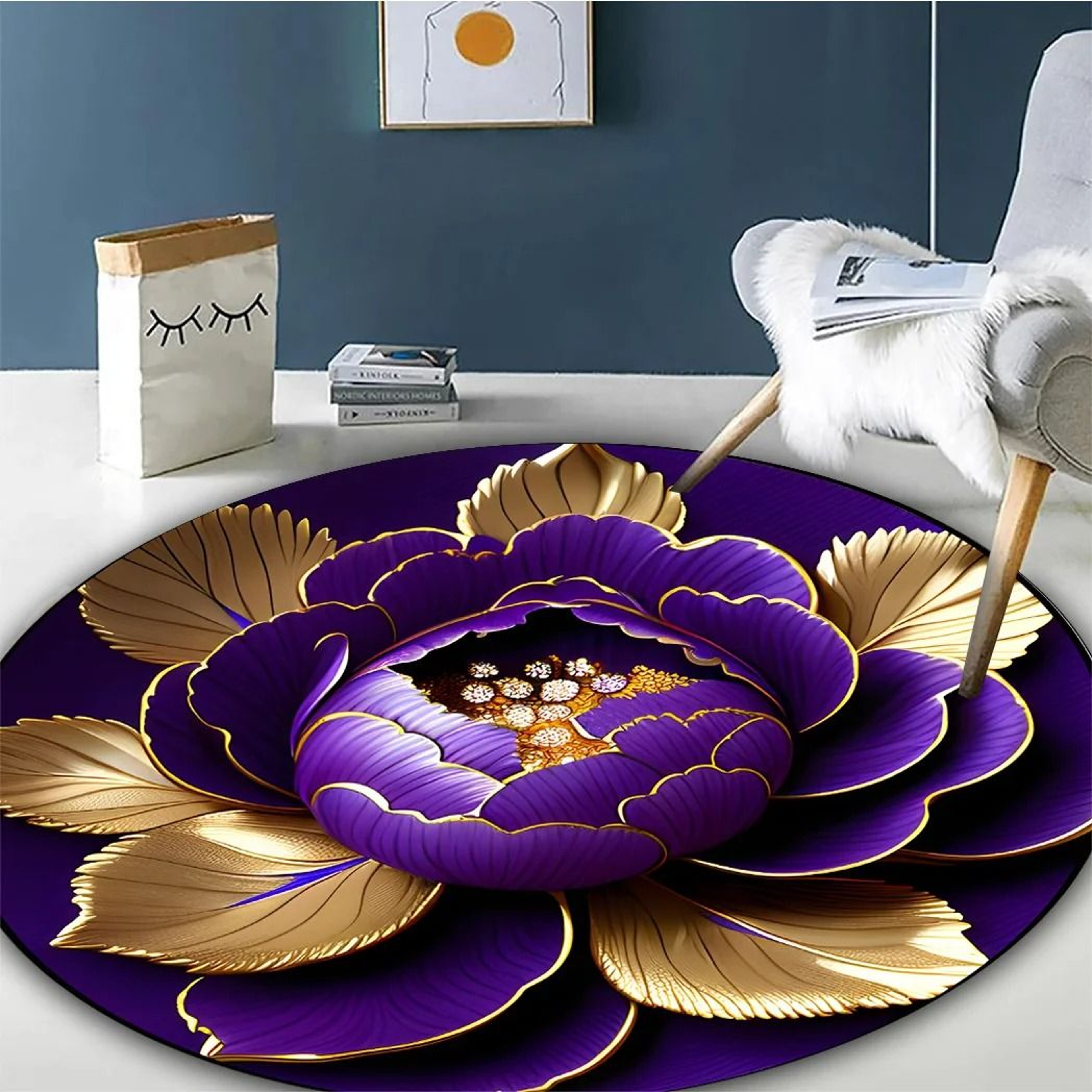 Luxury Purple Gold Peony Round Rug Washable Floral Statement Mat 5