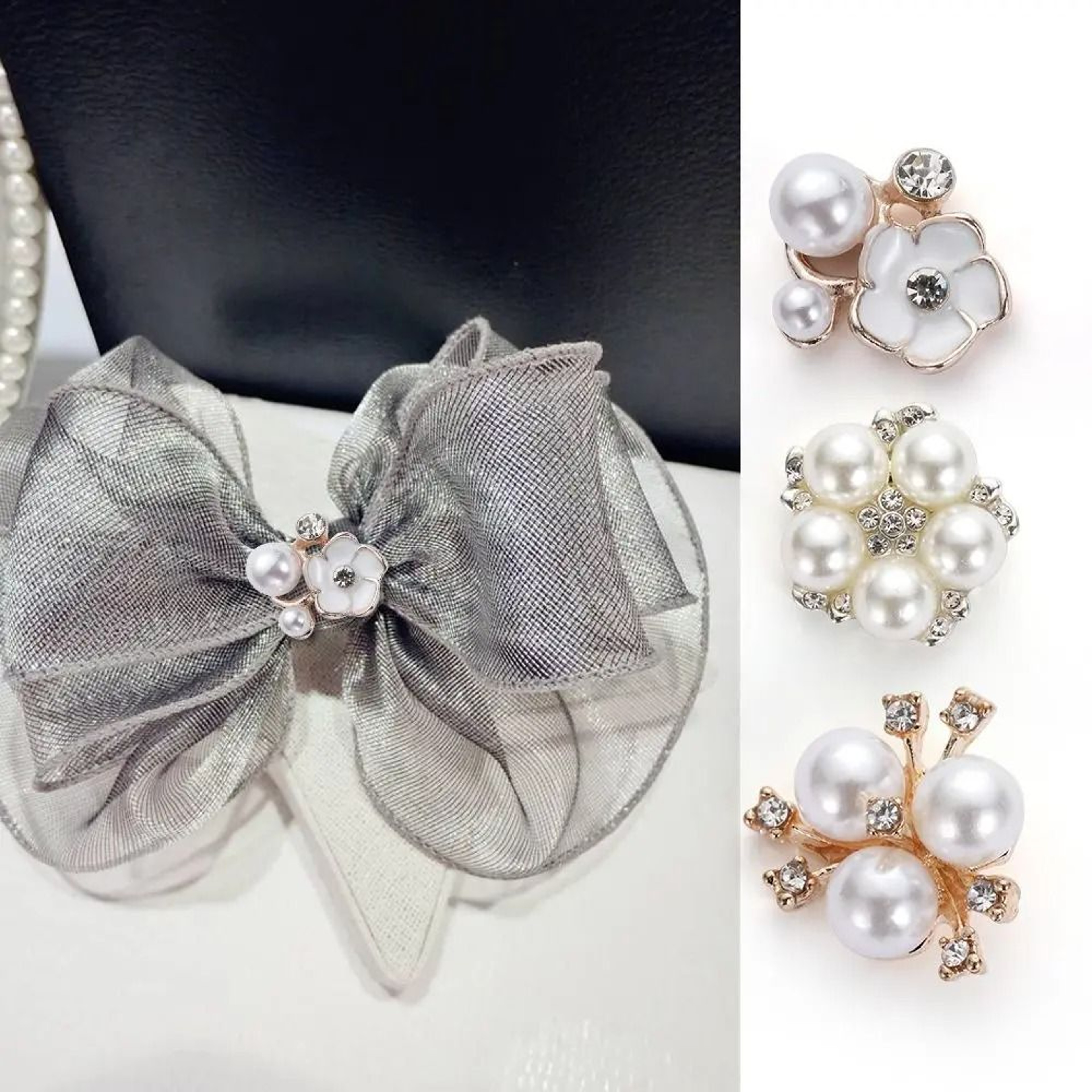10PCS Flower Rhinestone Pearl Buttons Alloy Crystal DIY Wedding  Craft Embellishments 2