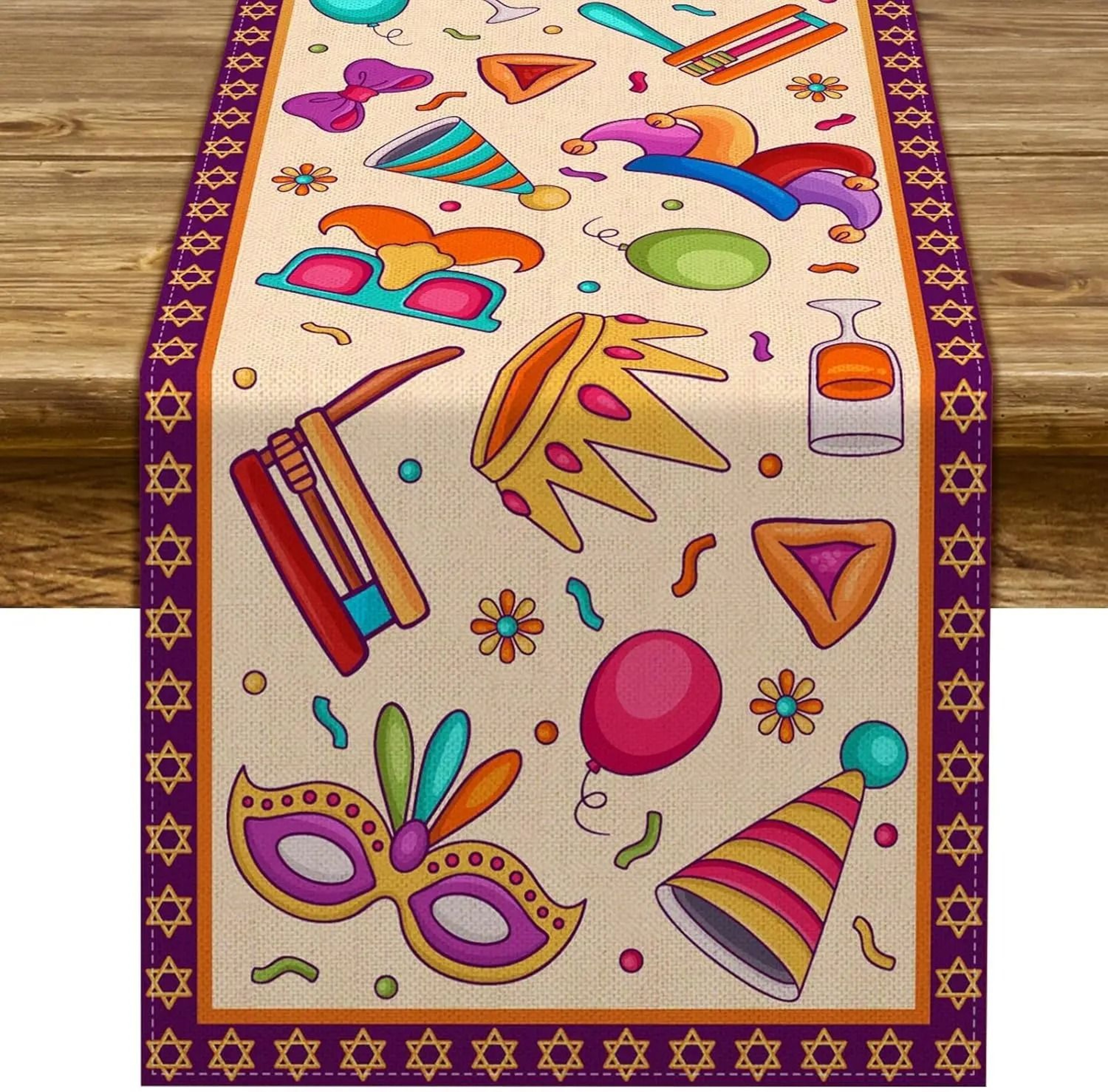 Happy Purim Linen Table Runner With Carnival Masque Design For Festive Dining Decor 5