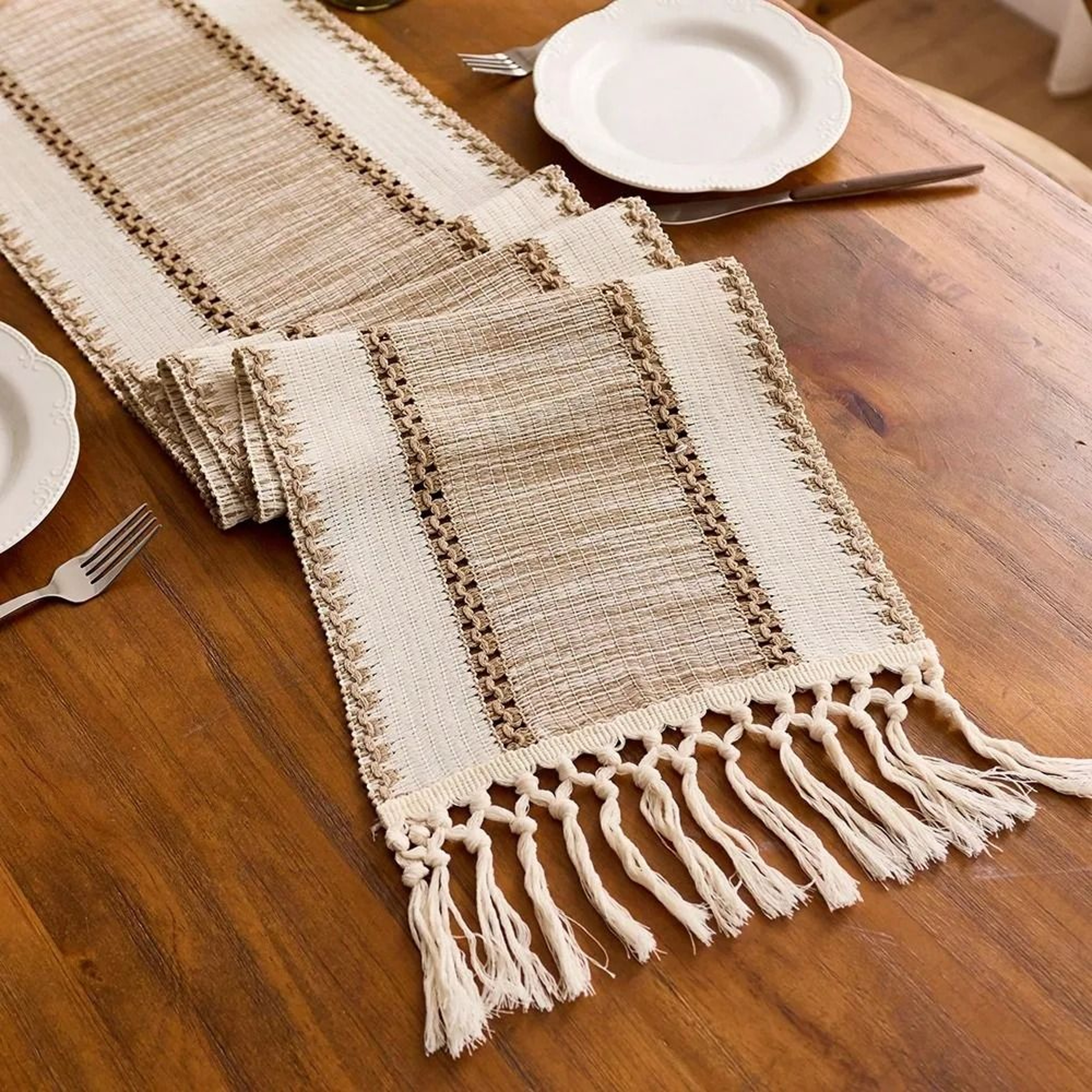 Nordic Boho Green Striped Table Runner With Handwoven Tassels 3