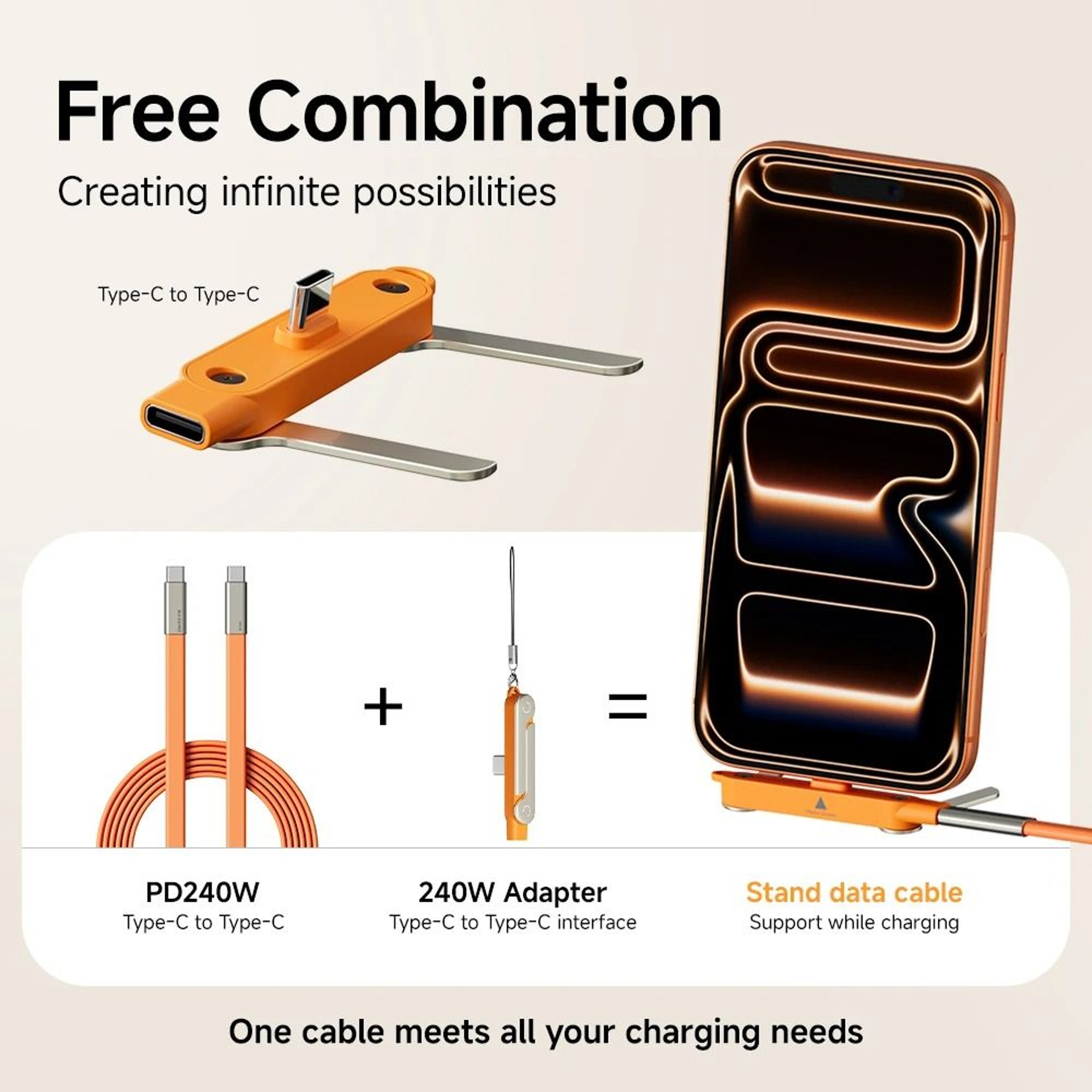 240W 2 In 1 Fast Charging Type C Cable With Foldable Phone Stand And Data Transfer 4