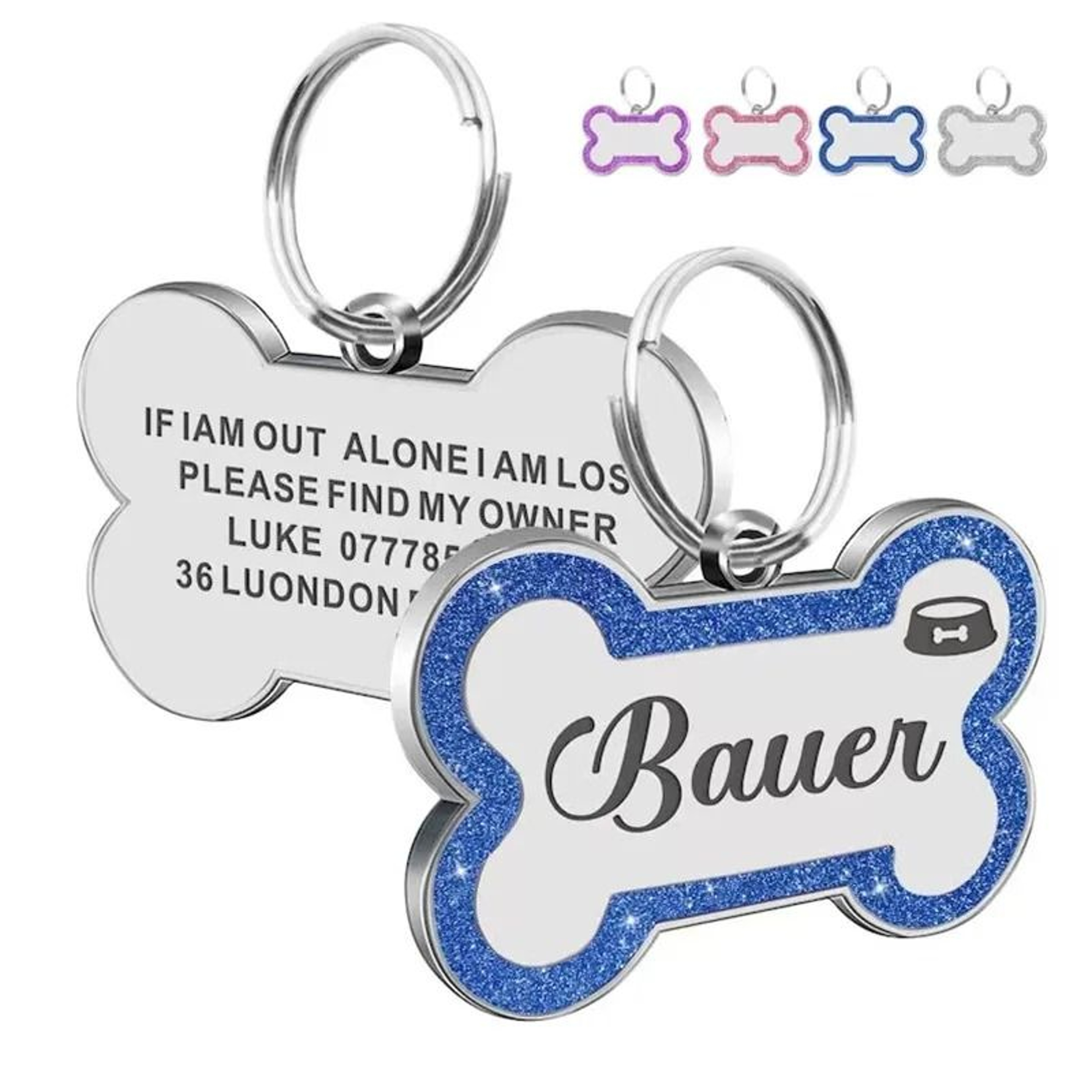 Personalized Glitter Pet ID Tag DoubleSided Bone Name Pendant For Dogs  Cats 3