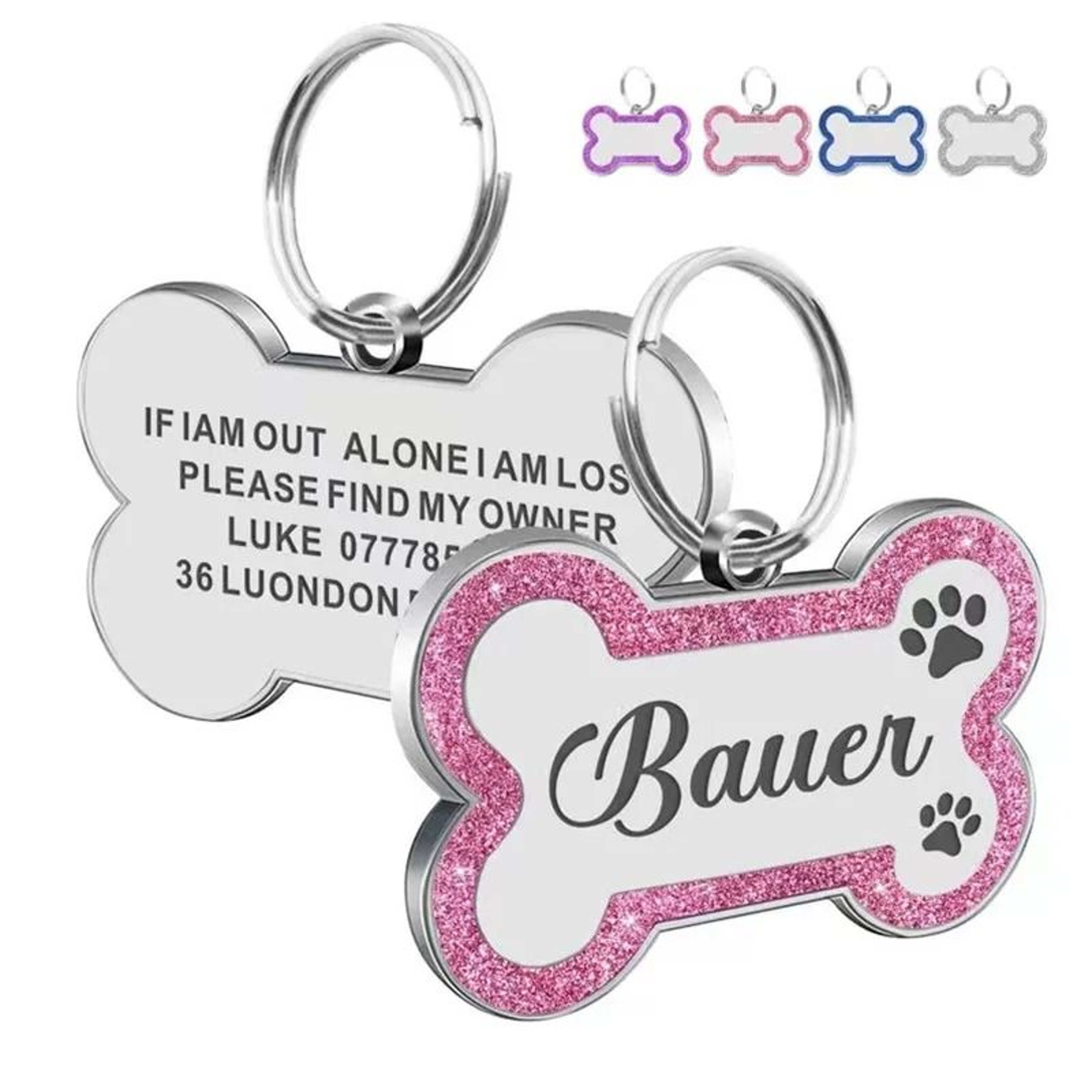 Personalized Glitter Pet ID Tag DoubleSided Bone Name Pendant For Dogs  Cats 11