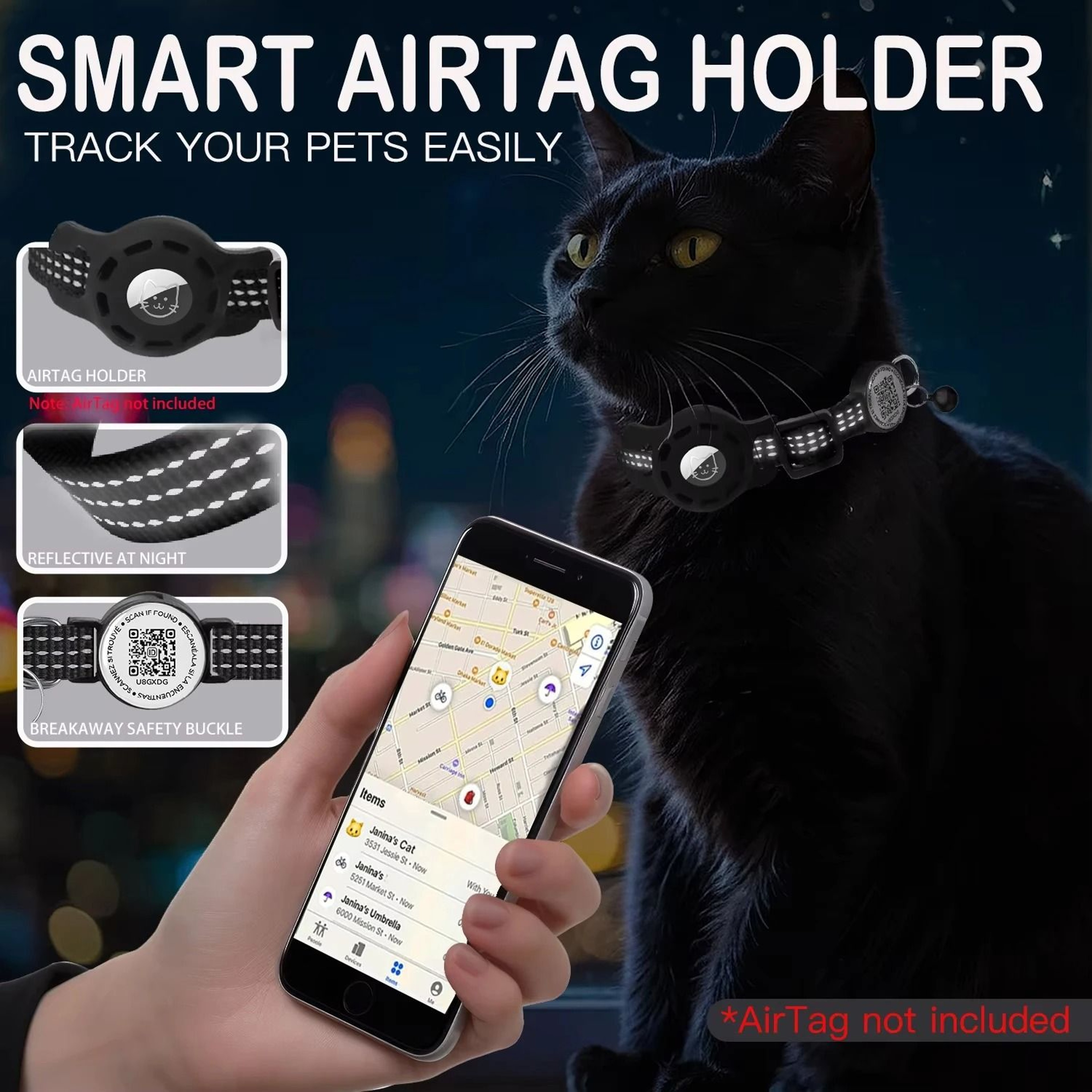Reflective AirTag Cat Collar With QR Code Tag  Breakaway Safety Buckle 3