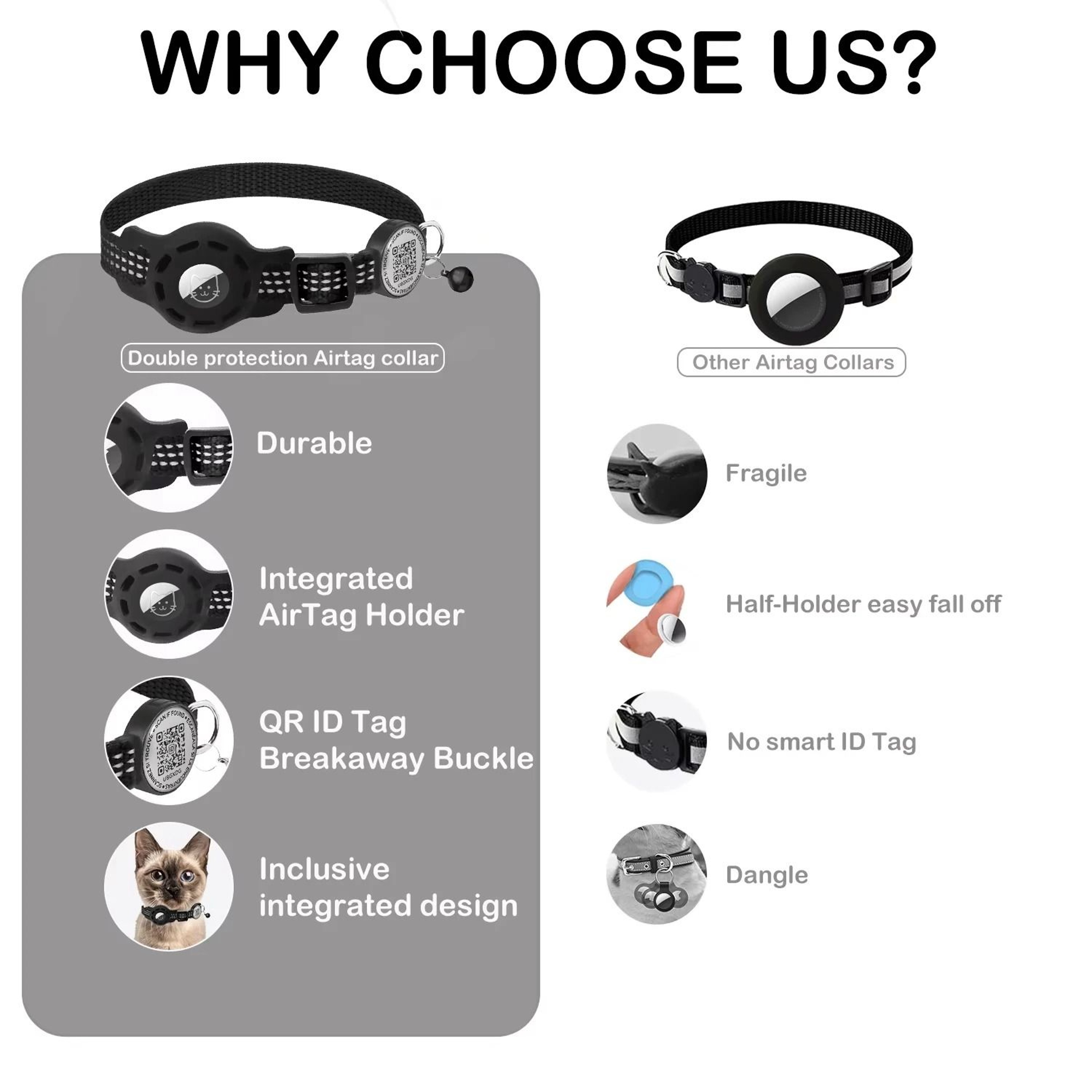Reflective AirTag Cat Collar With QR Code Tag  Breakaway Safety Buckle 5