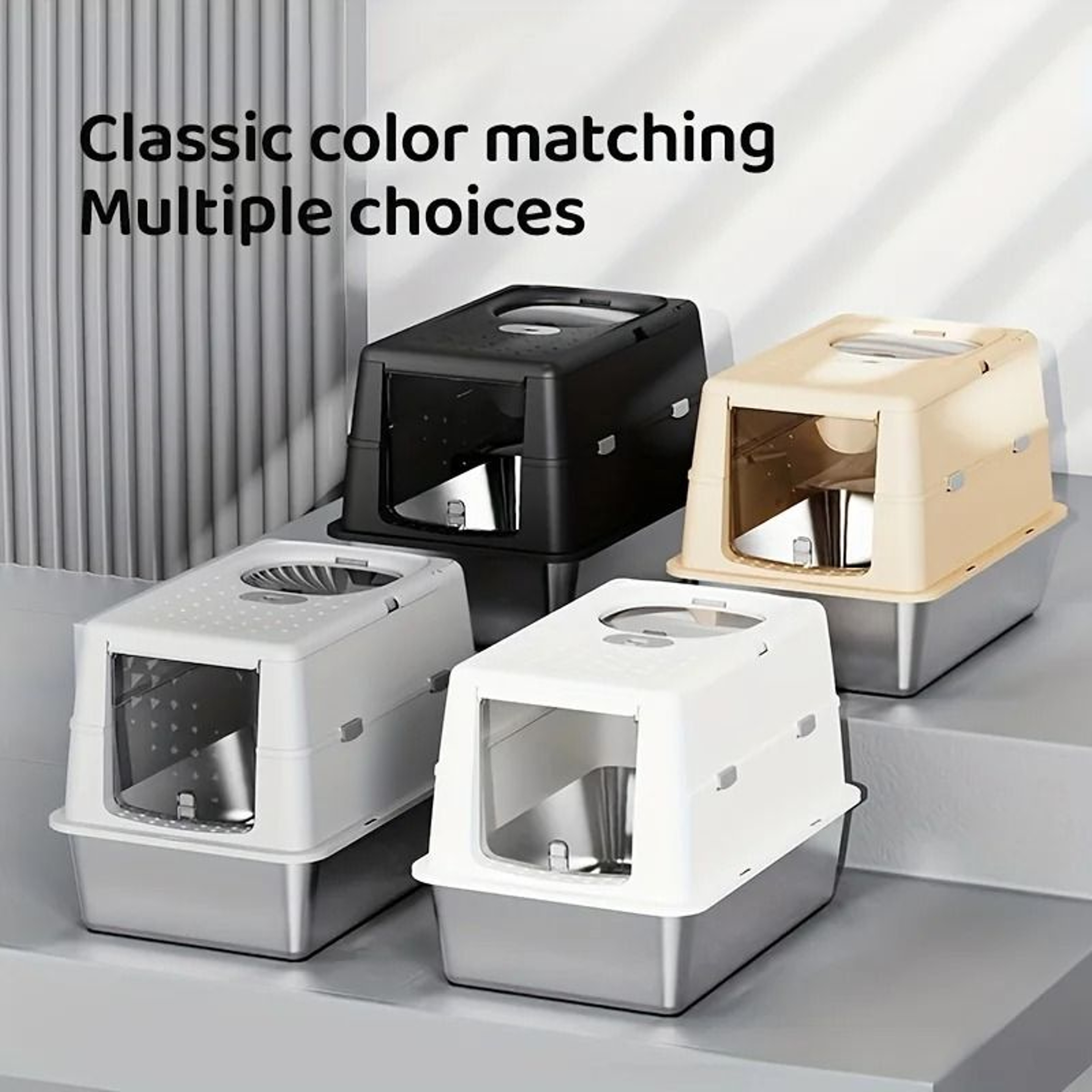 Stainless Steel Enclosed Cat Litter Box With Flip Cover  NonSlip Mat 0