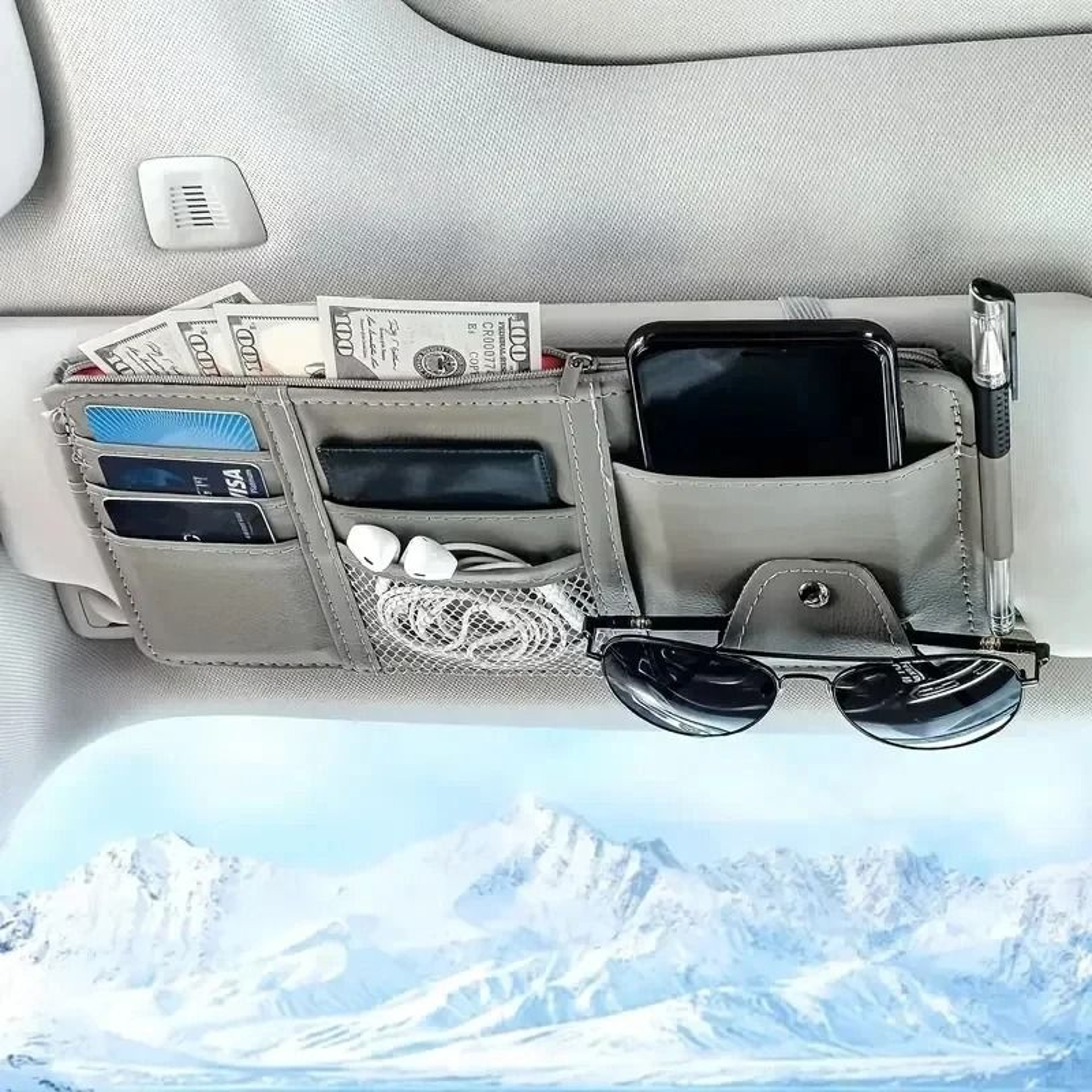 Car Seat Sun Visor Organizer With Multi Pocket Document  Pen Holder 1